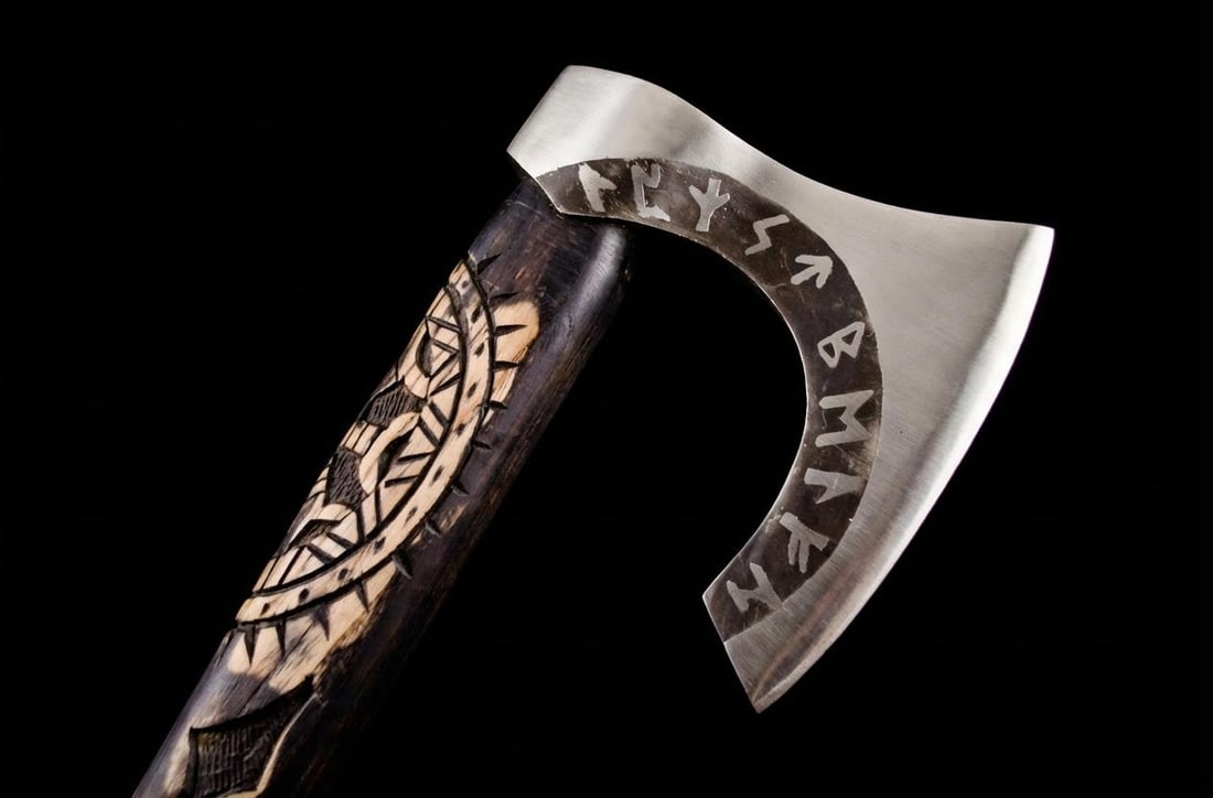 Handmade Carbon Steel Viking Axe Tomahawk w/ Engraved Ash Handle and Leather Sheath - 9
