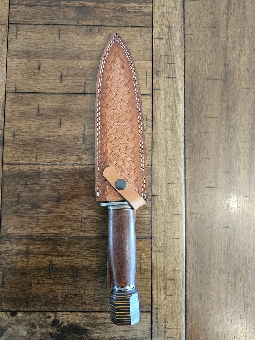 14" Custom Damascus Bowie Knife Fixed Blade Wood Handle Leather Sheath - 7