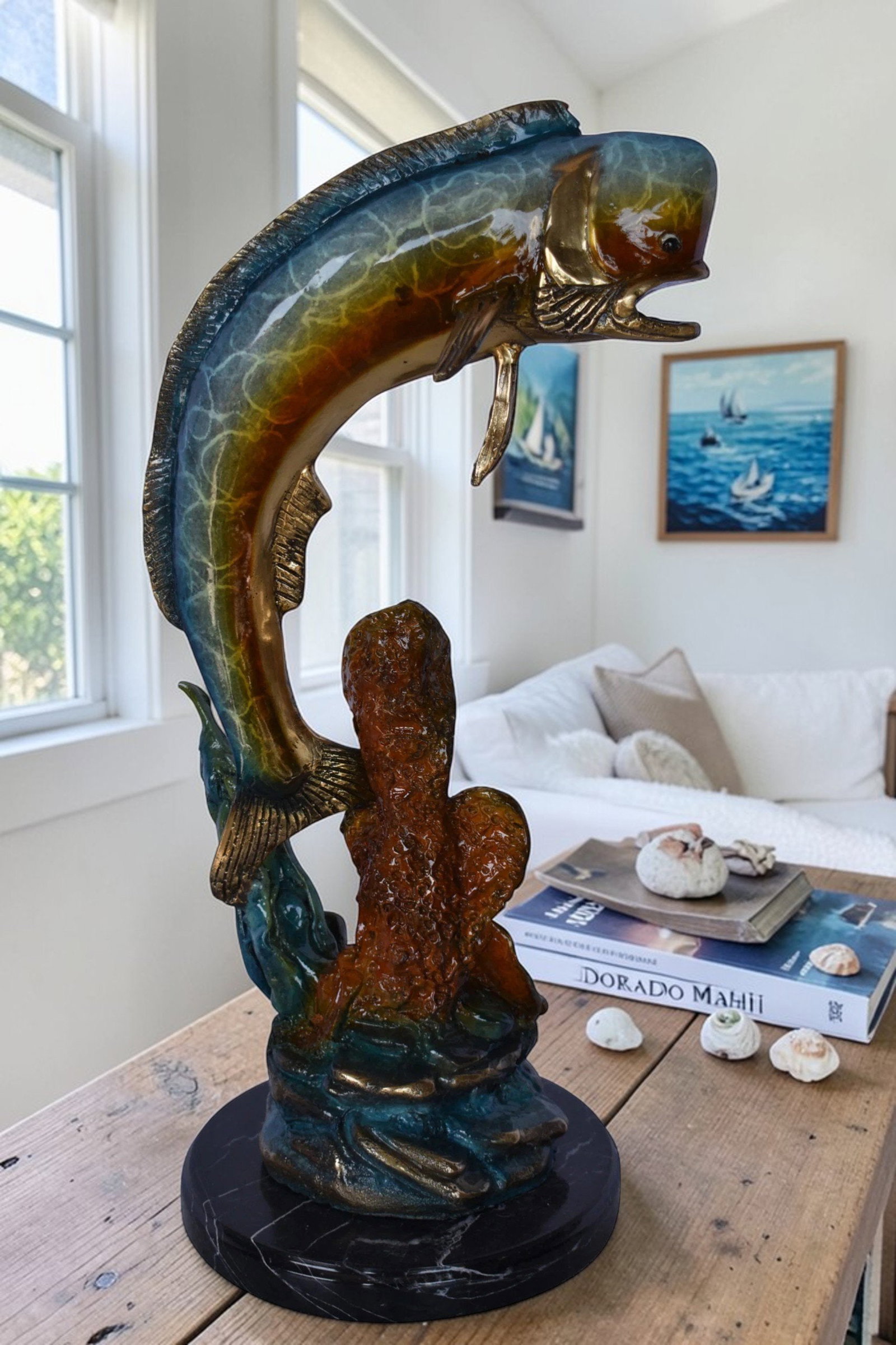 Dorado or Mahi Mahi With Coral Bronze Statue - Size: 5"L x 10"W x 19"H - 2