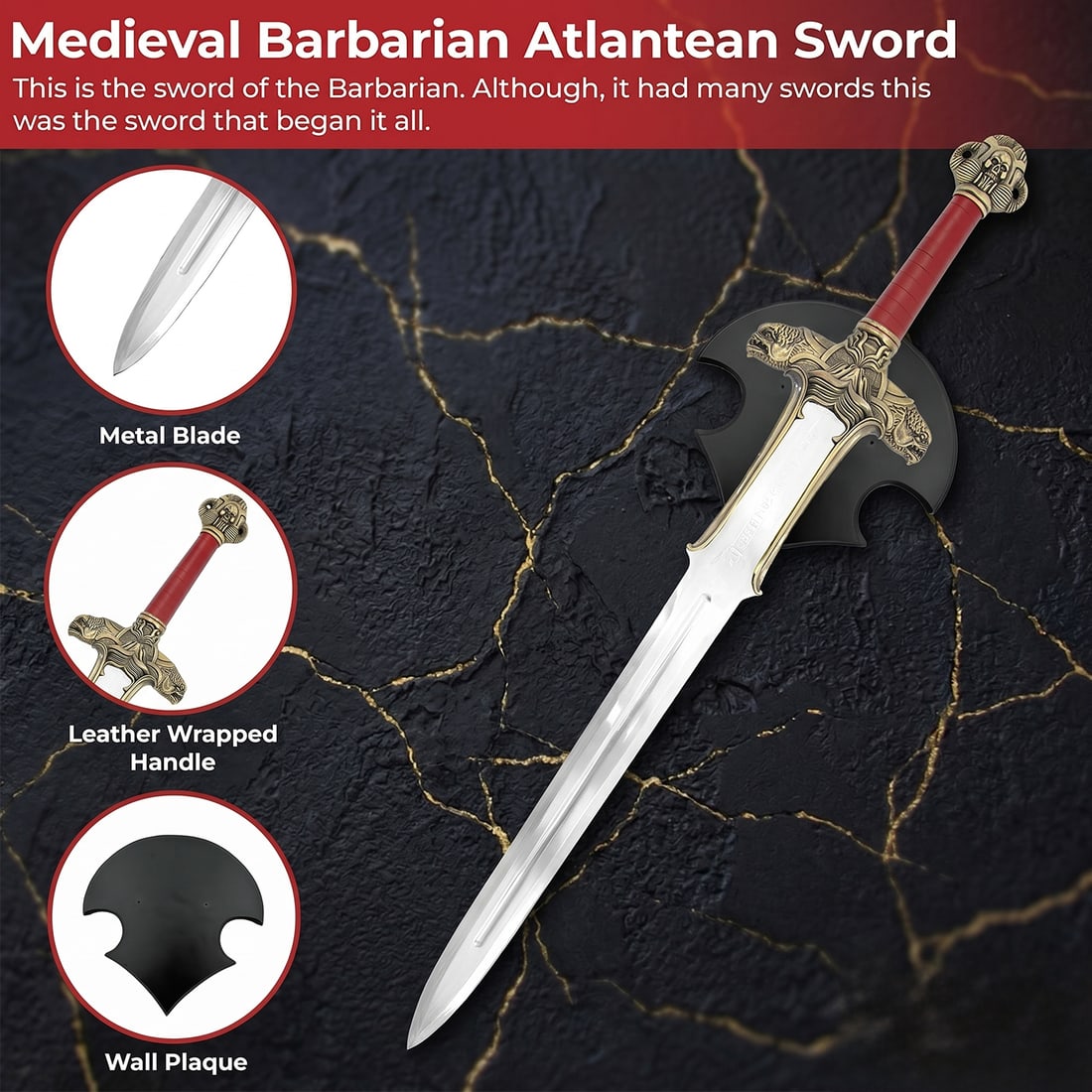 Engraved Hyborian Fantasy Sword with Wall Display Plaque - 2