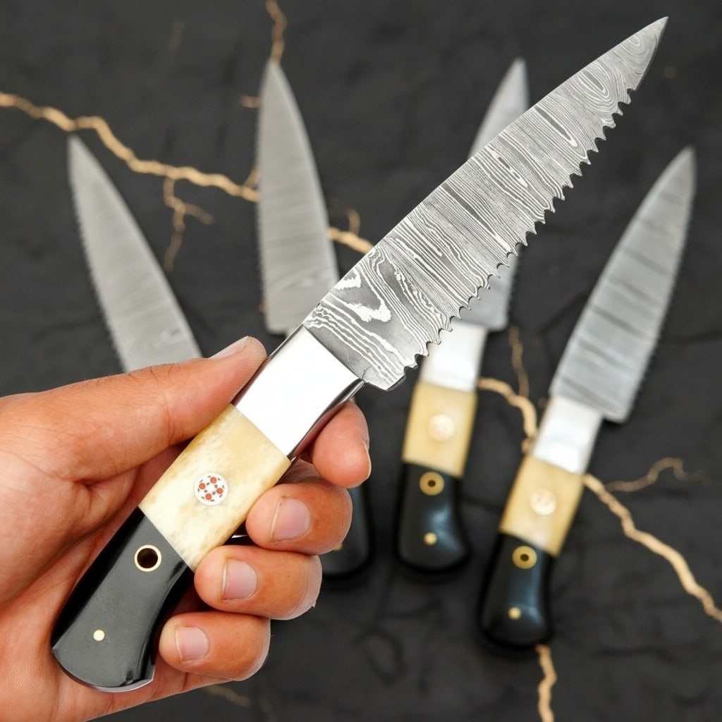 6pc Damascus Steel Steak Knife Set Bone Handle Handmade with Leather Roll - 2
