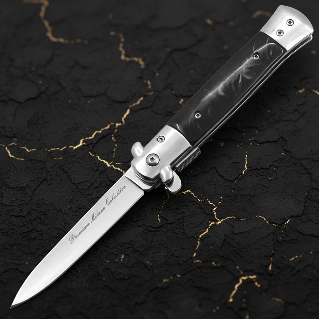Black Milano Style Spring Assisted Stiletto Folding Pocket Knife - 2