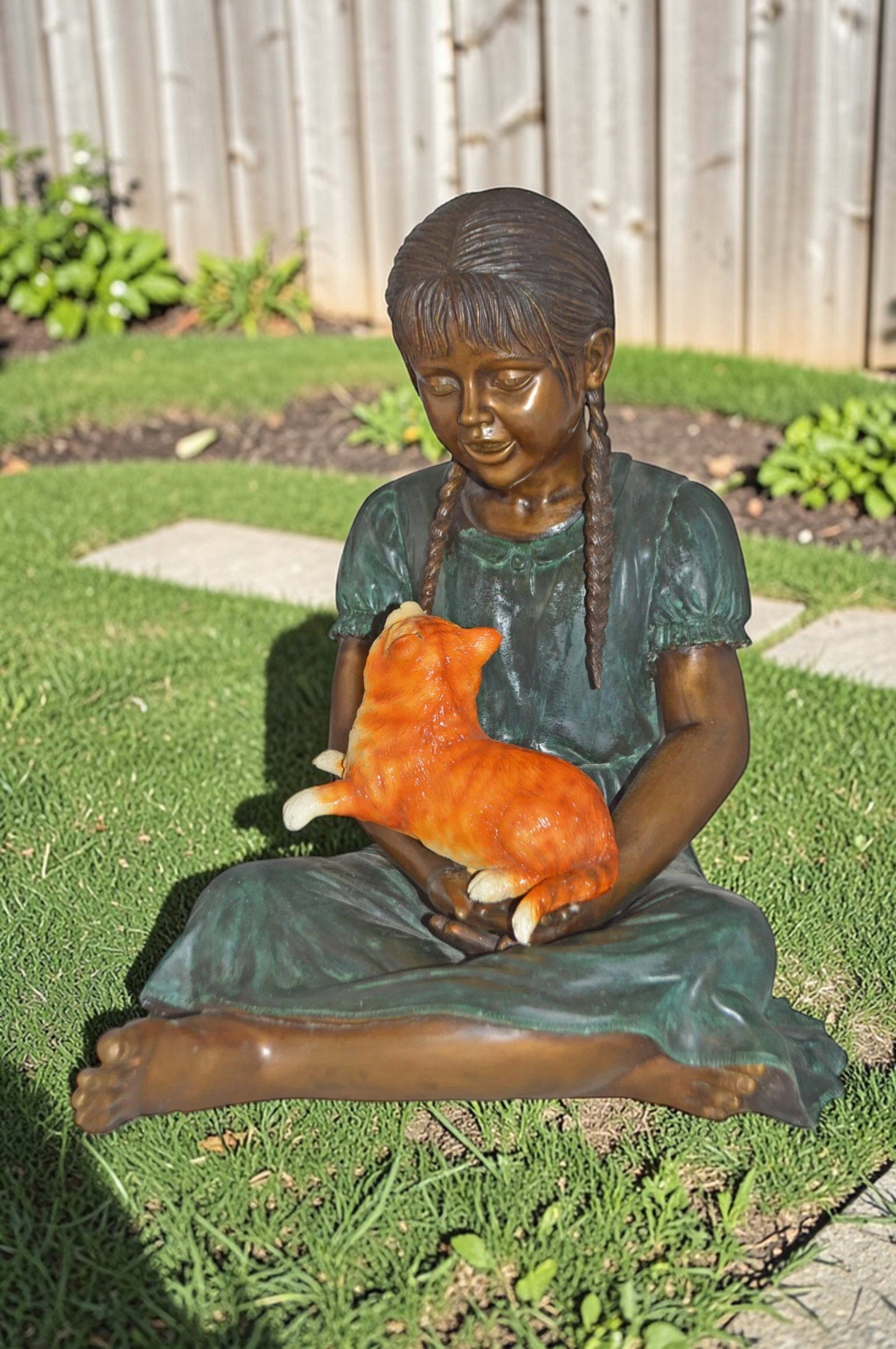 Girl Holding Her Cat Bronze Statue, Green, Orange Finish - Size: 23"x20"x24"H - 2