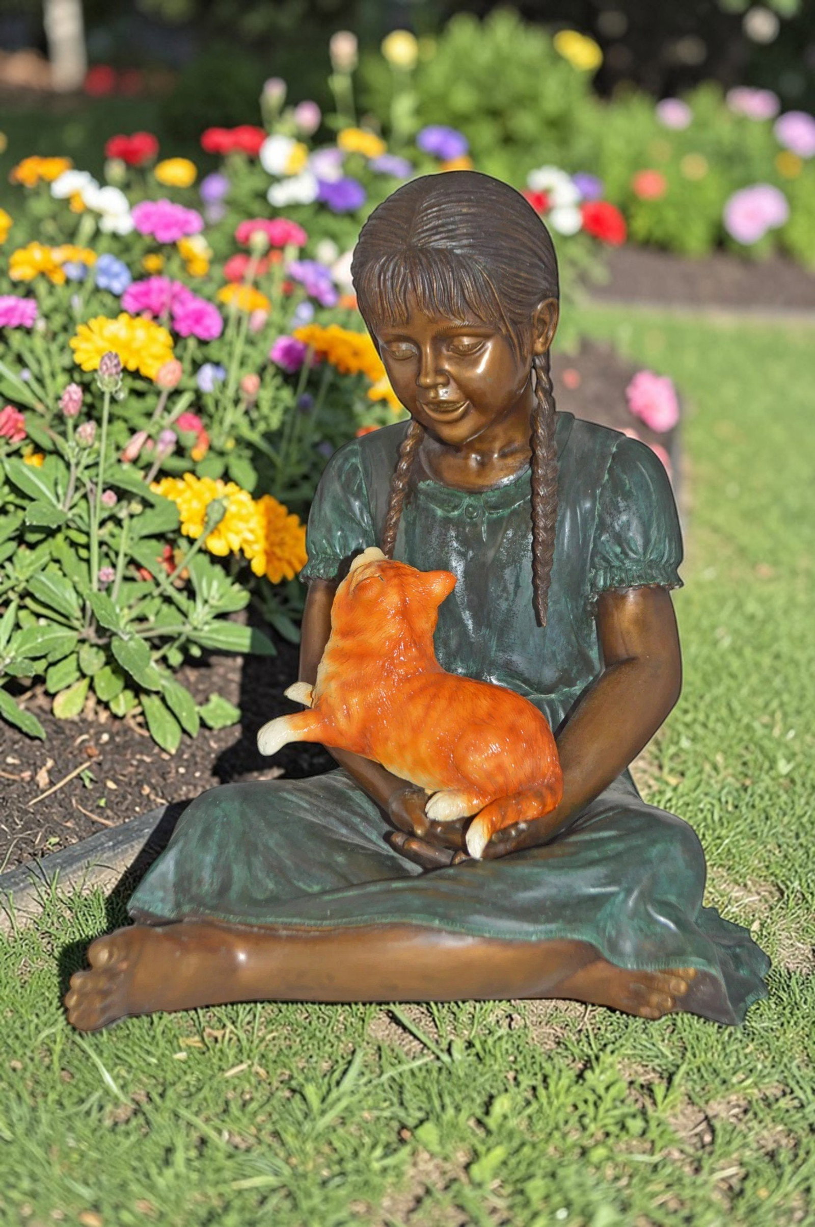 Girl Holding Her Cat Bronze Statue, Green, Orange Finish - Size: 23"x20"x24"H - 3