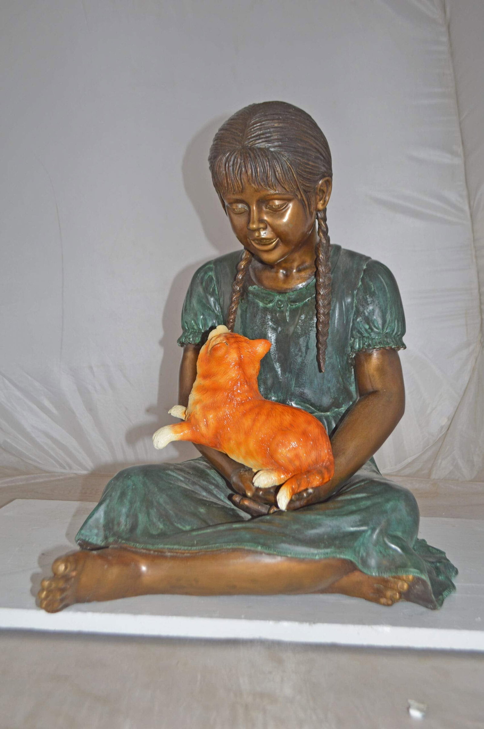 Girl Holding Her Cat Bronze Statue, Green, Orange Finish - Size: 23"x20"x24"H - 4