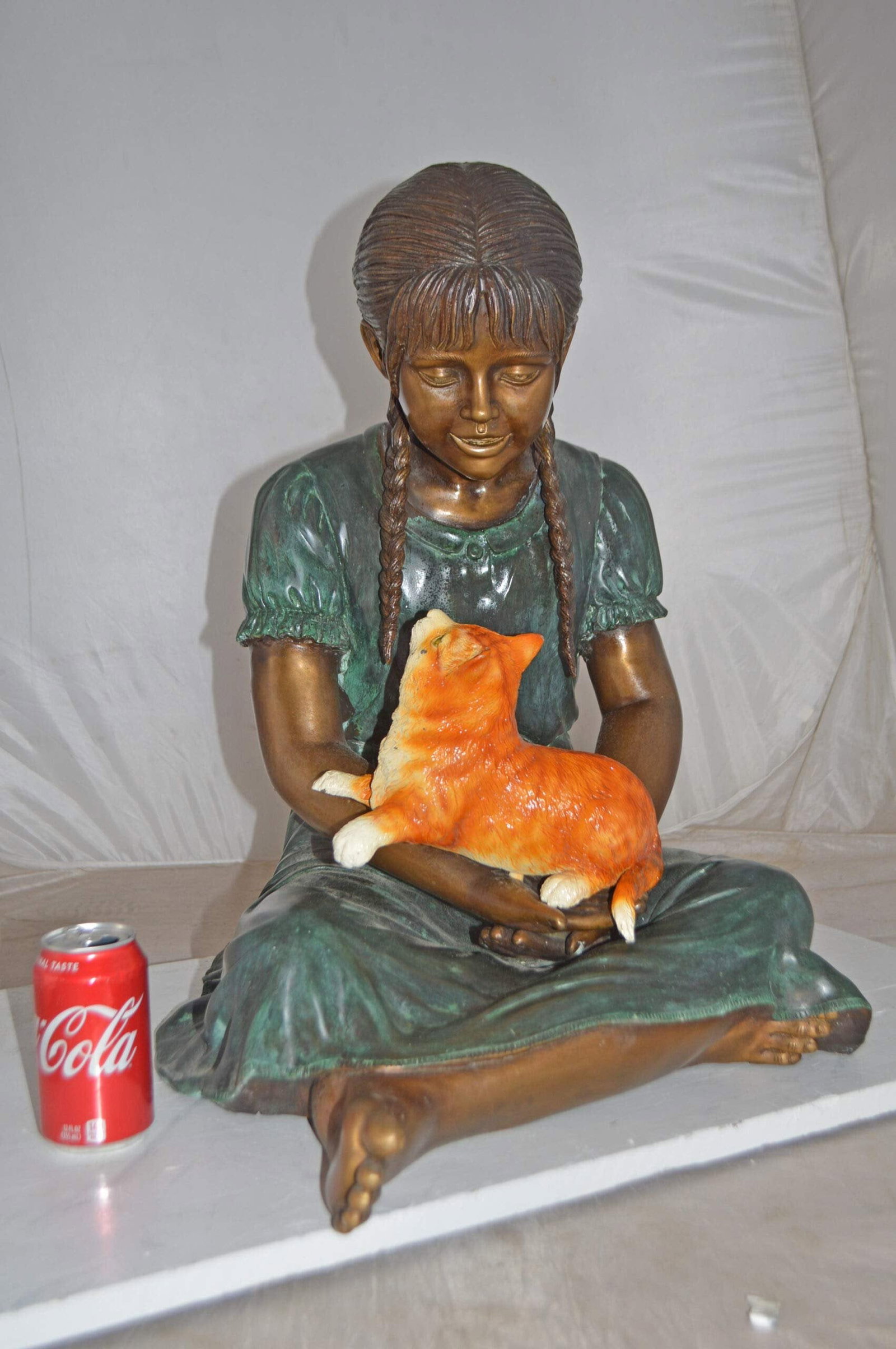 Girl Holding Her Cat Bronze Statue, Green, Orange Finish - Size: 23"x20"x24"H - 5