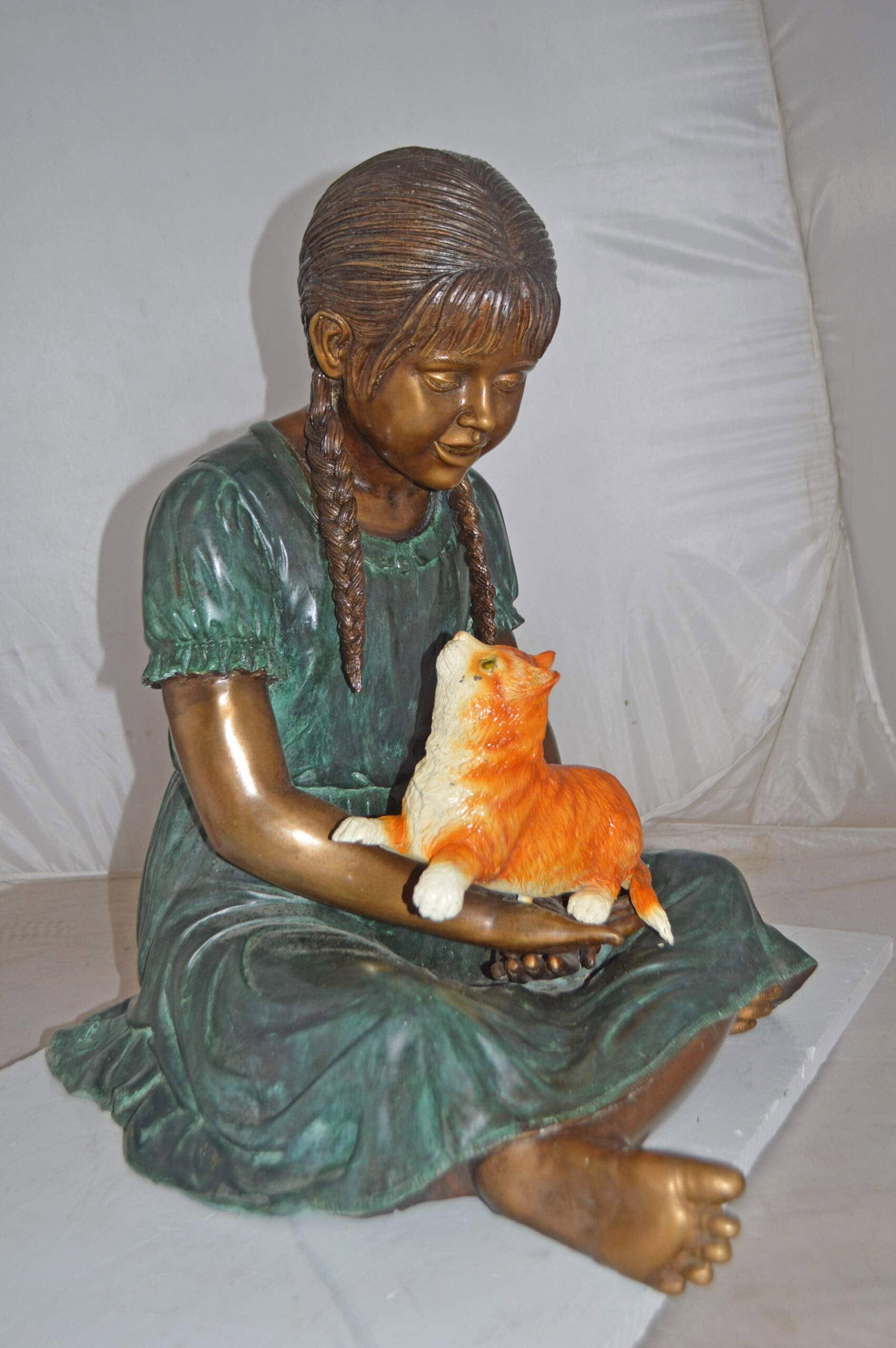 Girl Holding Her Cat Bronze Statue, Green, Orange Finish - Size: 23"x20"x24"H - 6