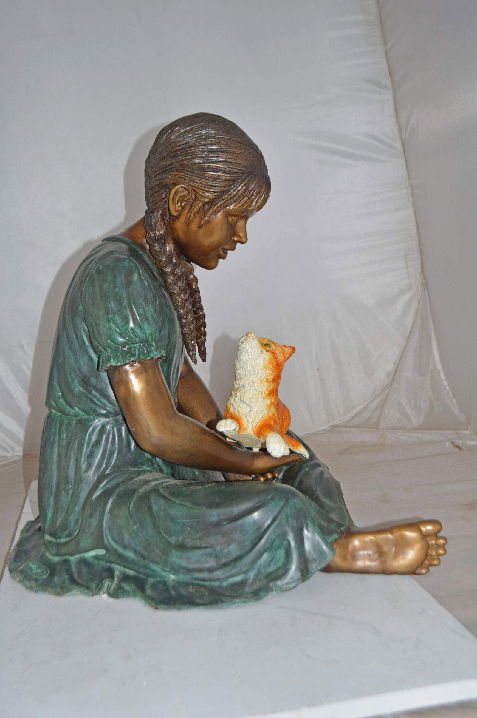 Girl Holding Her Cat Bronze Statue, Green, Orange Finish - Size: 23"x20"x24"H - 7