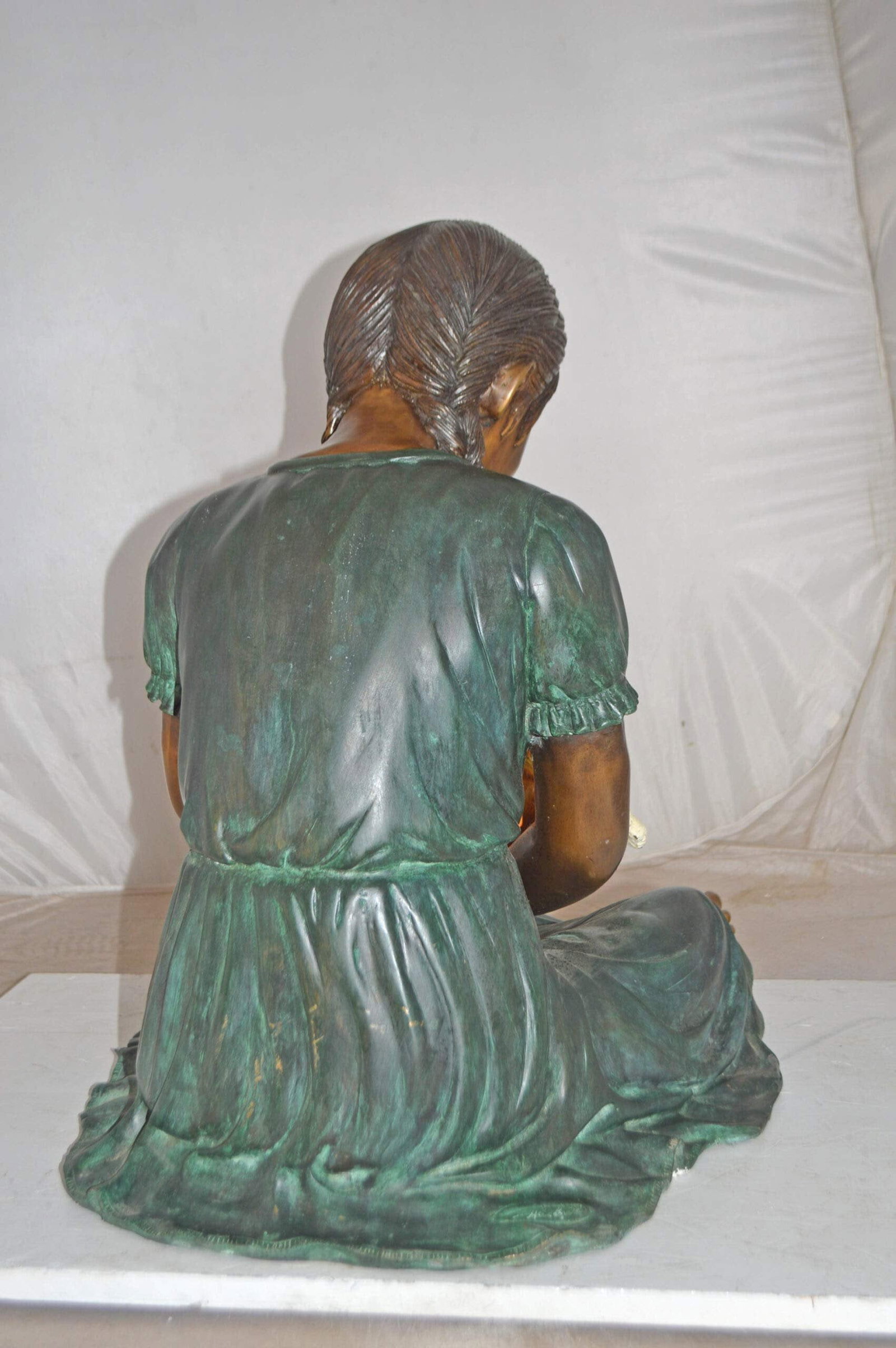Girl Holding Her Cat Bronze Statue, Green, Orange Finish - Size: 23"x20"x24"H - 8