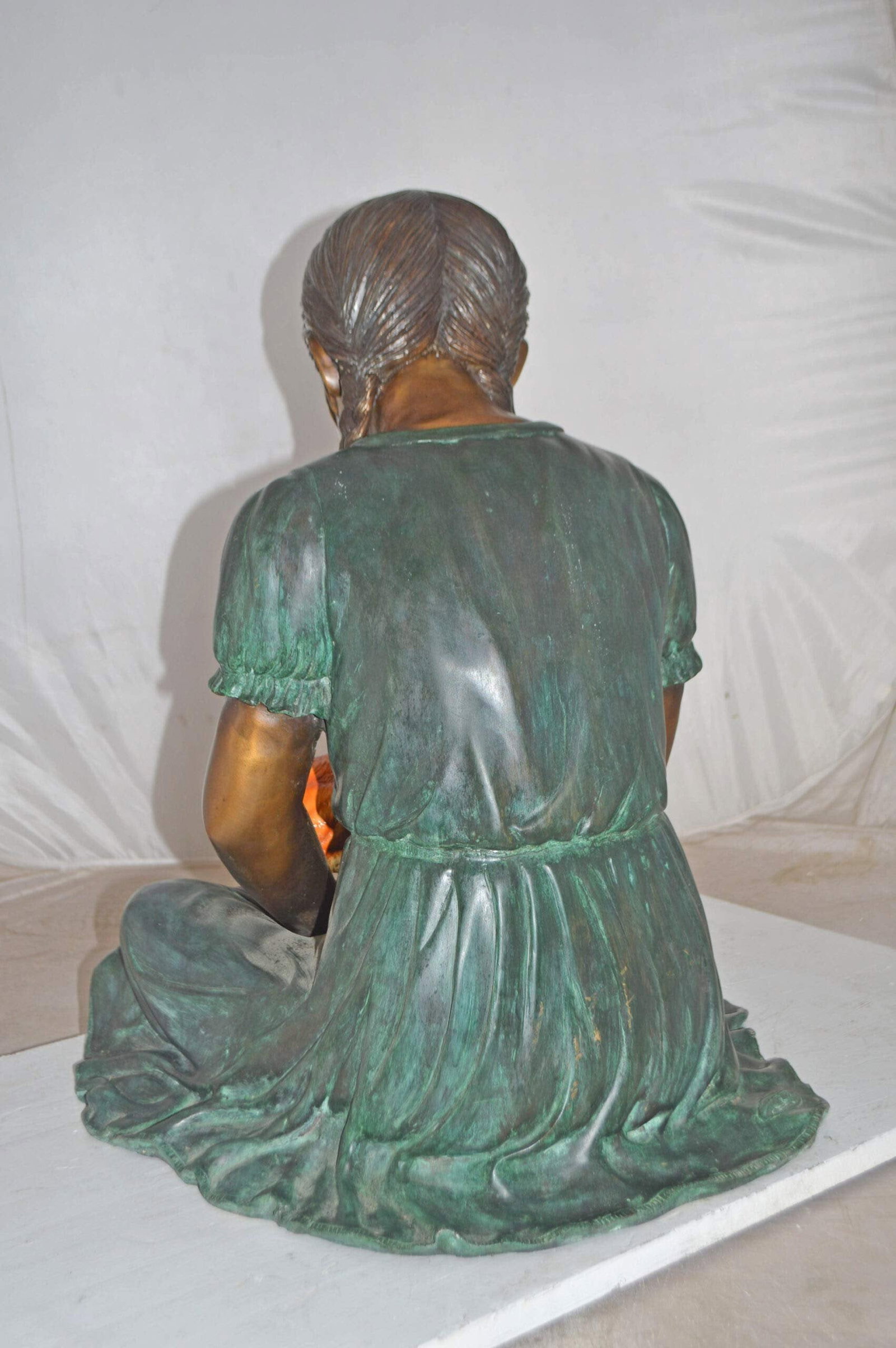 Girl Holding Her Cat Bronze Statue, Green, Orange Finish - Size: 23"x20"x24"H - 9