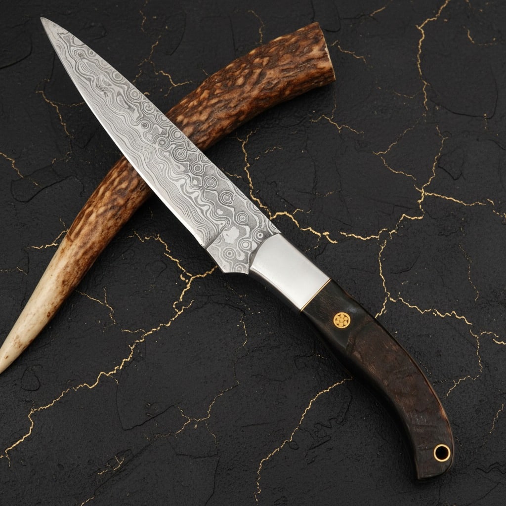 Hand-Forged Damascus Steel Hunting Knife Ram Horn Handle Leather Sheath - 3