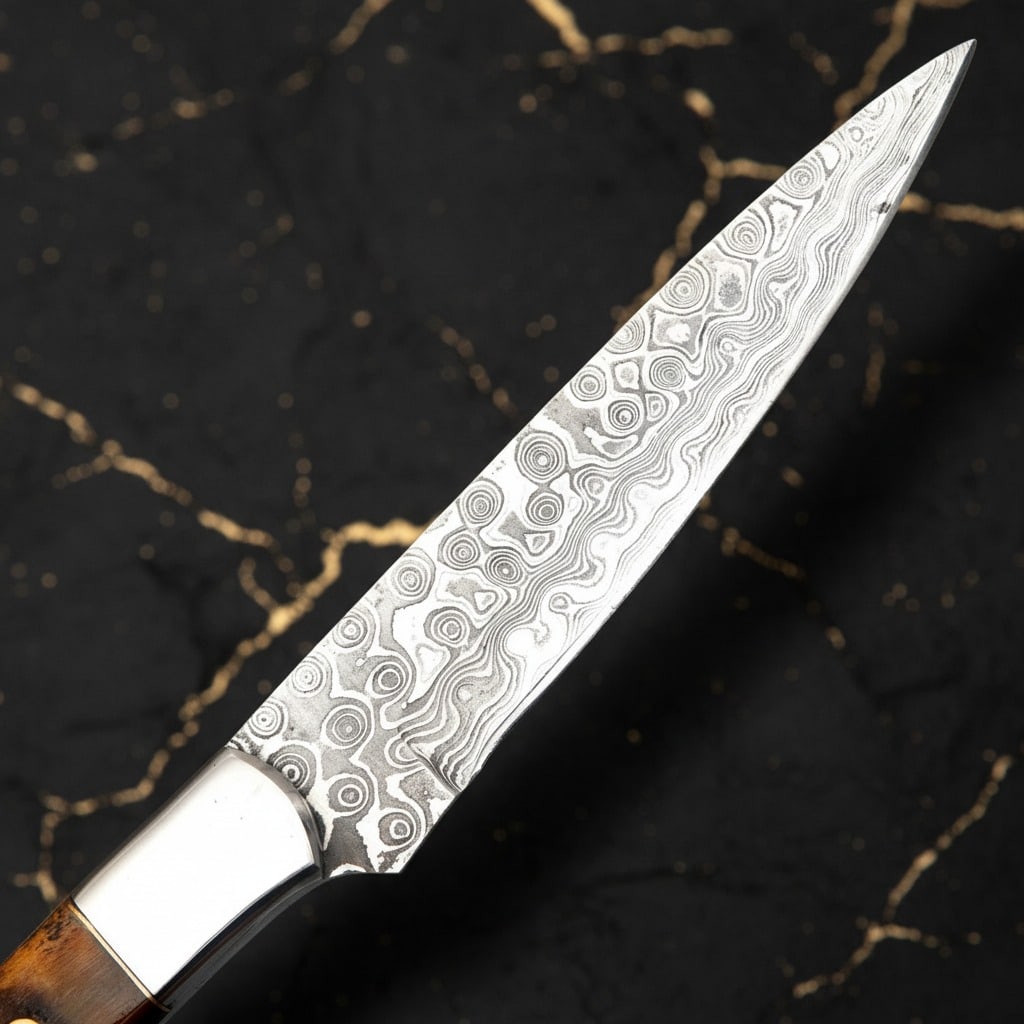 Hand-Forged Damascus Steel Hunting Knife Ram Horn Handle Leather Sheath - 5