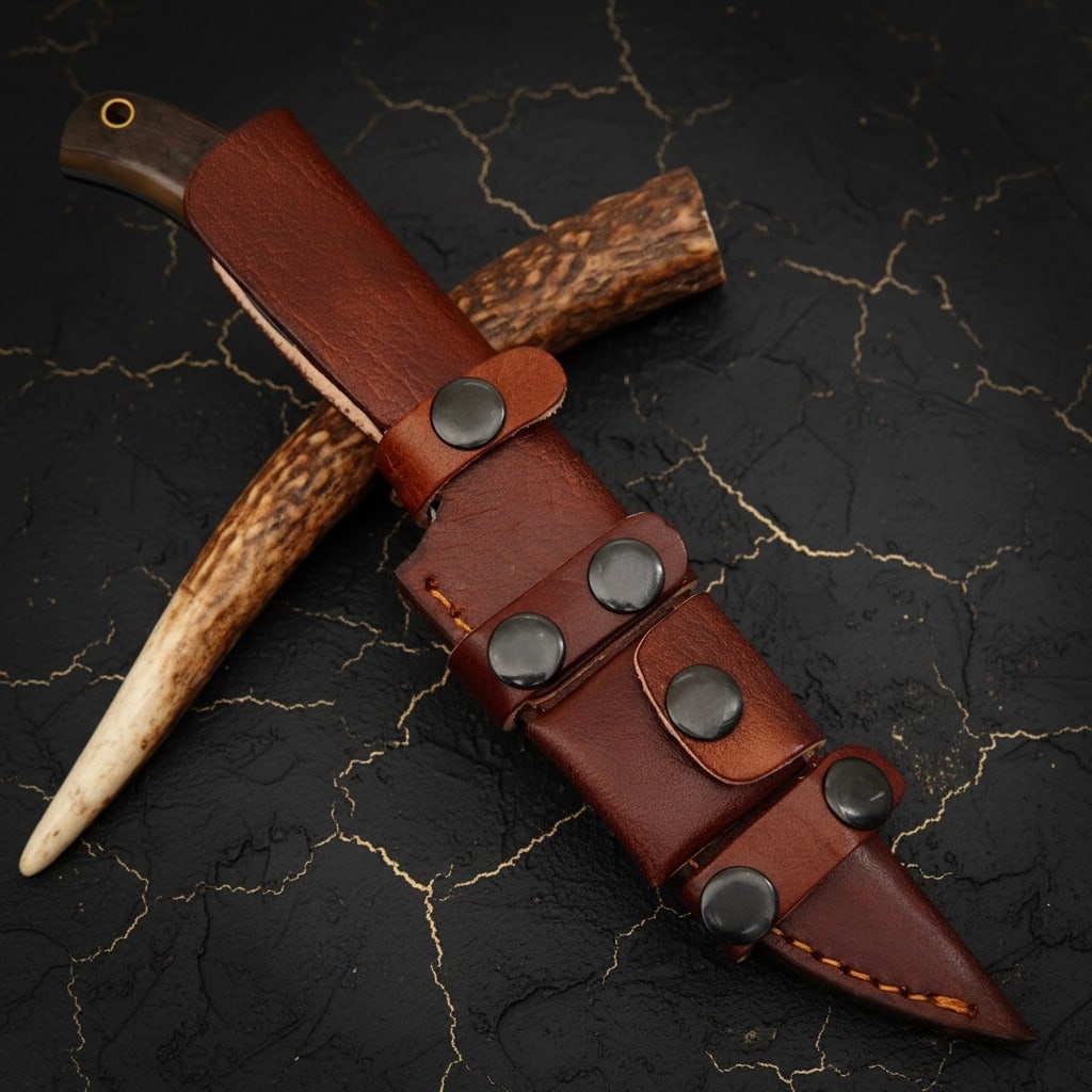 Hand-Forged Damascus Steel Hunting Knife Ram Horn Handle Leather Sheath - 6