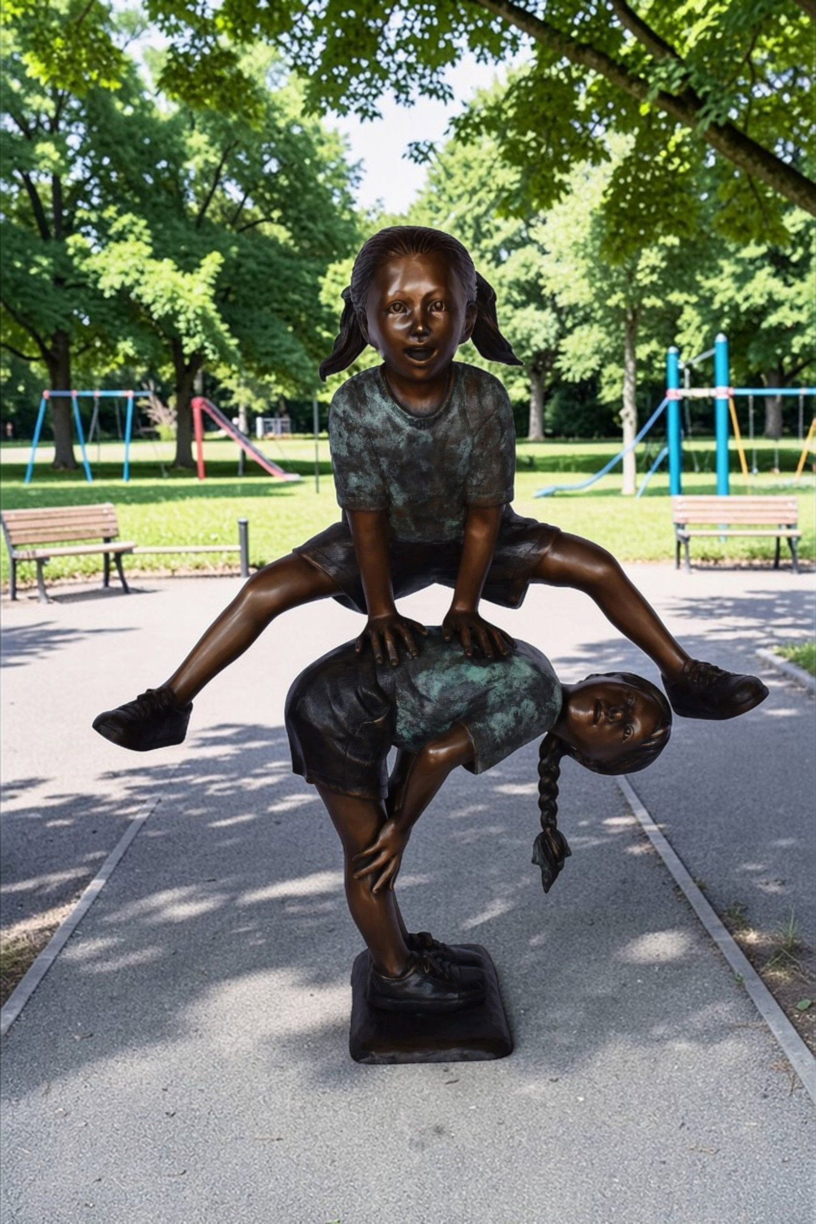 Two Girls Playing Leapfrog Jumping Bronze Statue - Size: 30"L x 14"W x 34"H. - 4