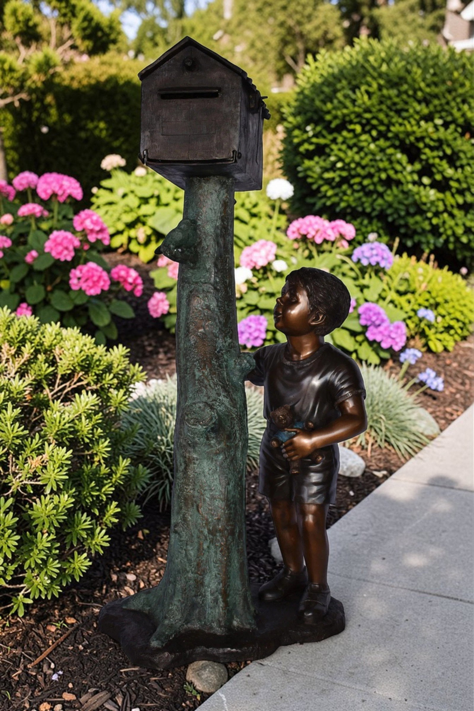 A Boy Standing by His Mailbox Looking at Birds Bronze Statue 25" x 22" x 51"H. - 2