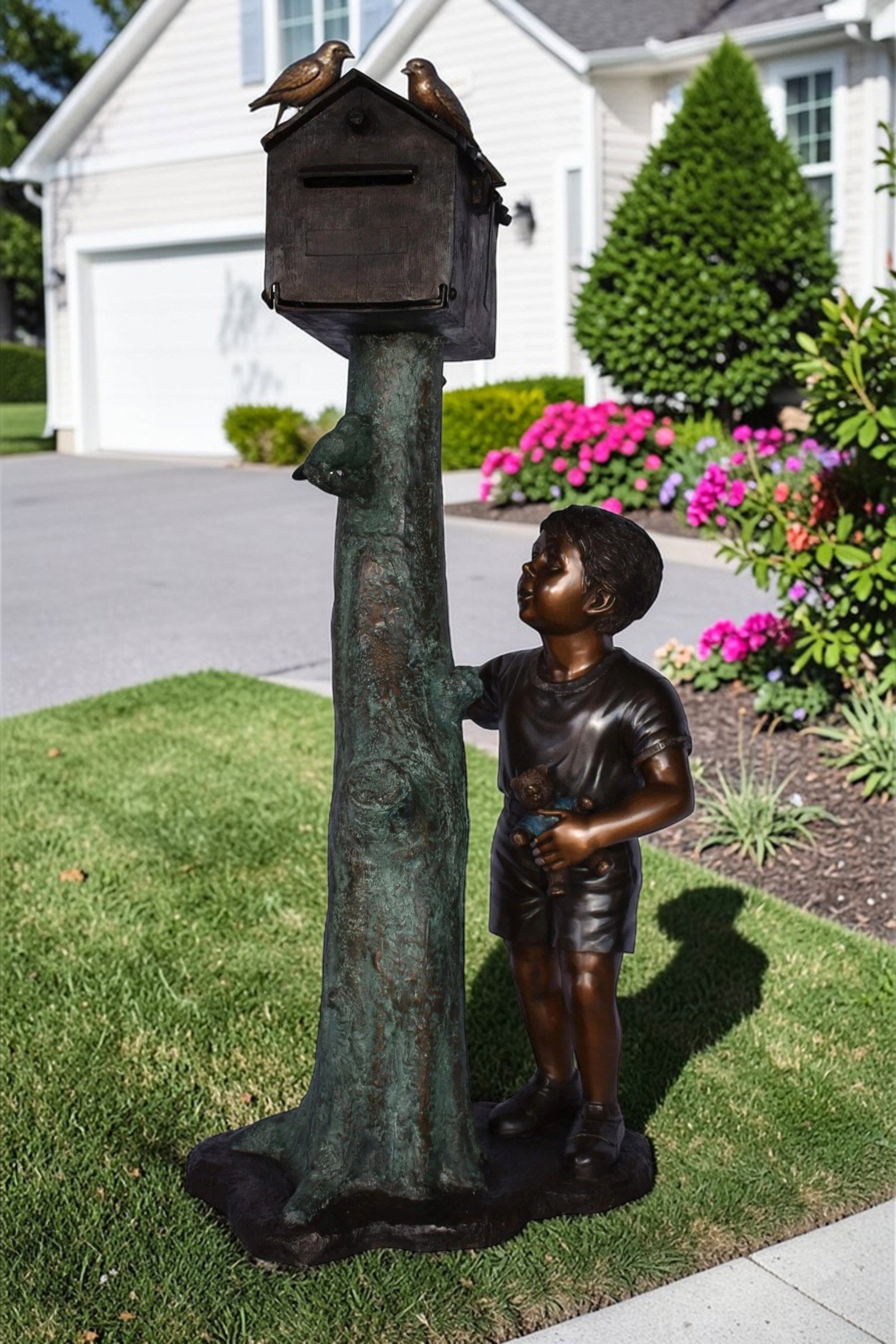 A Boy Standing by His Mailbox Looking at Birds Bronze Statue 25" x 22" x 51"H. - 3