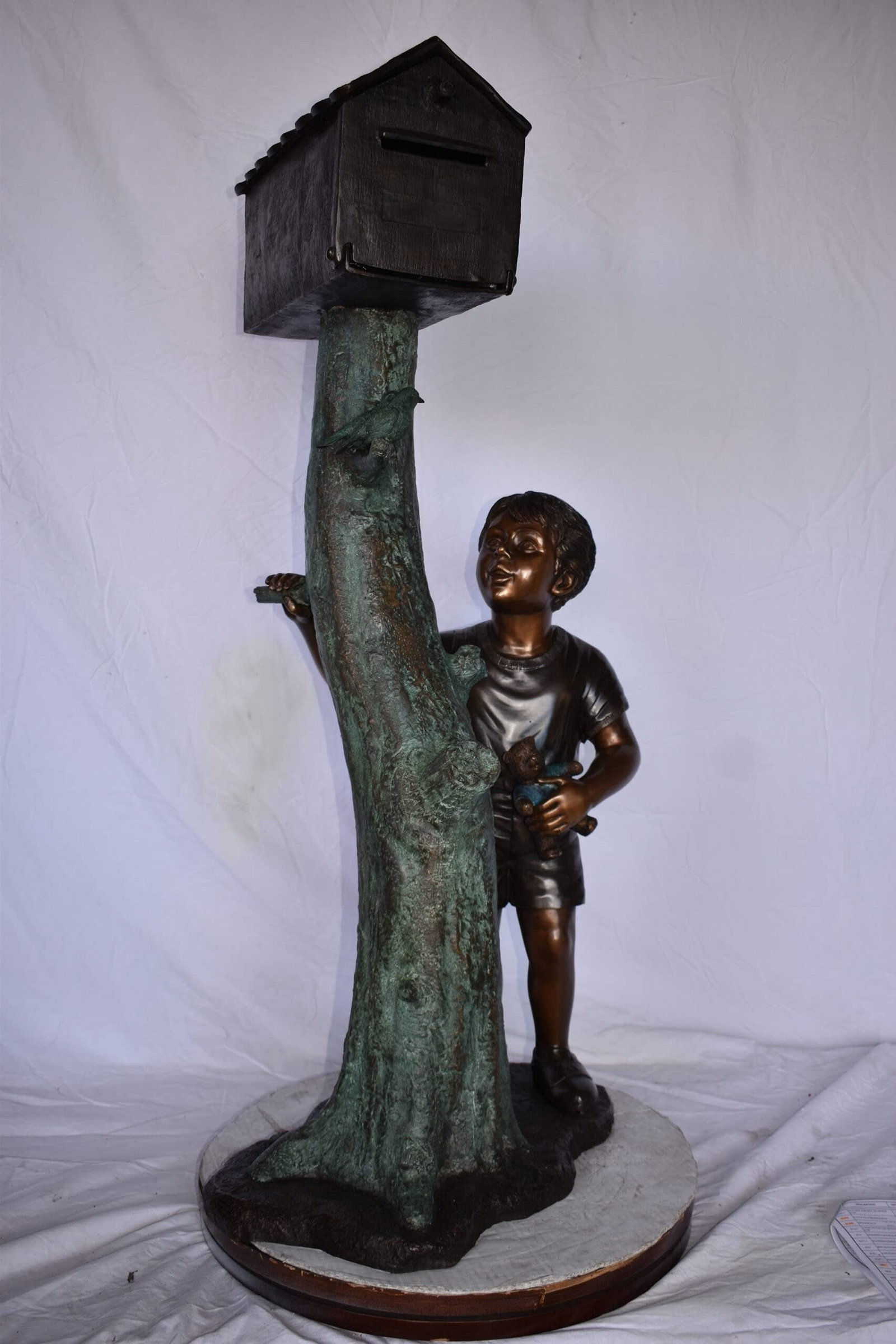 A Boy Standing by His Mailbox Looking at Birds Bronze Statue 25" x 22" x 51"H. - 4