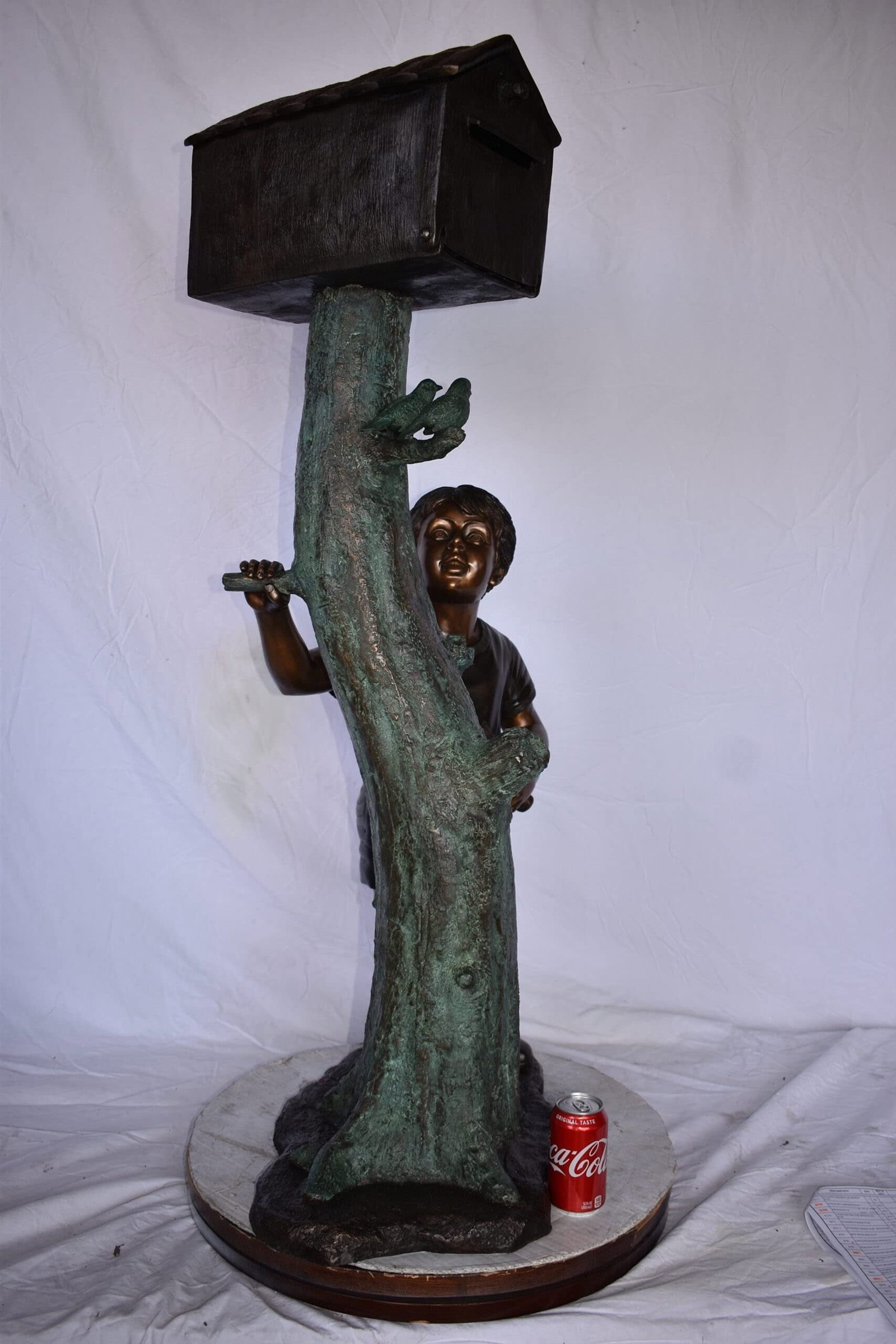 A Boy Standing by His Mailbox Looking at Birds Bronze Statue 25" x 22" x 51"H. - 5