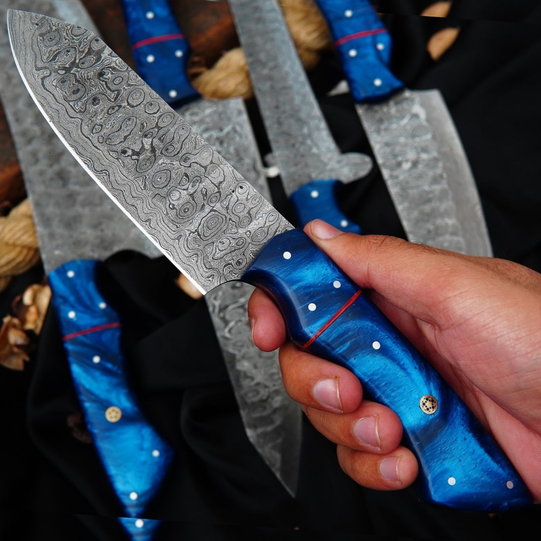 5pc Handmade Damascus Chef Knife Set Hammered Raindrop Pattern Leather Roll - 2