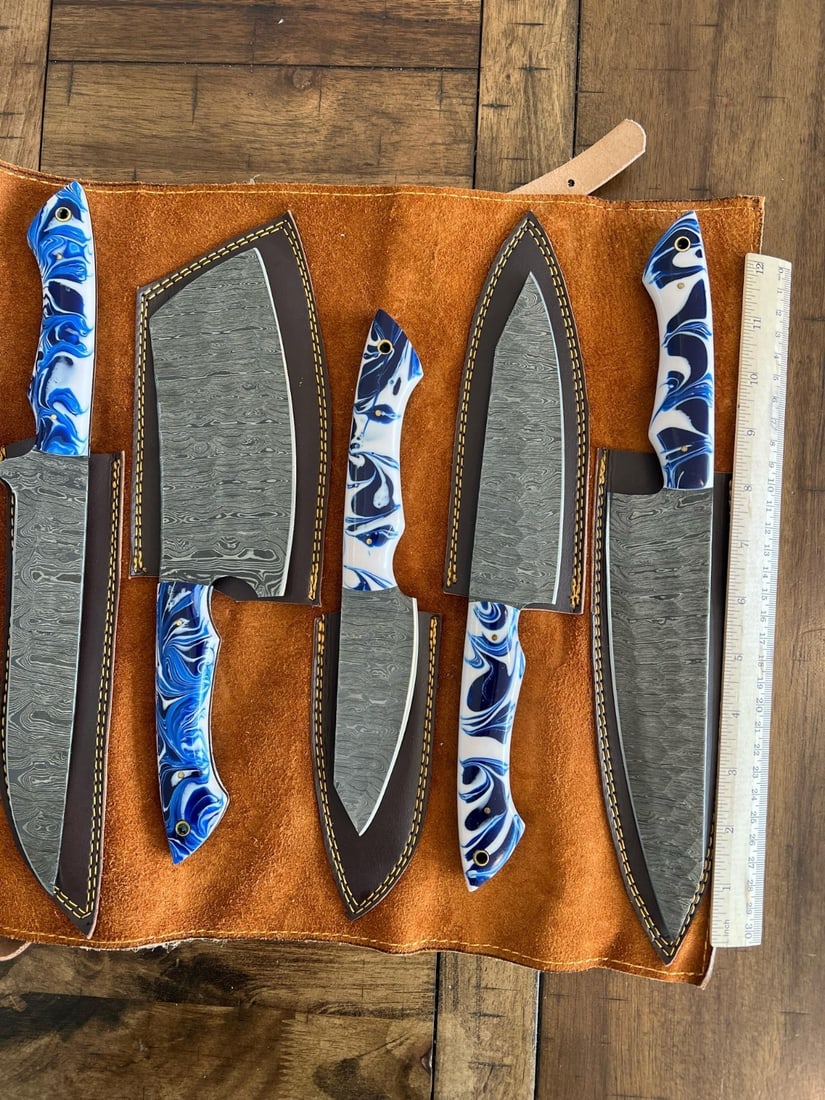 5pc Damascus Steel Chef Knife Set Hammered Blade Resin Handle Leather Roll - 2