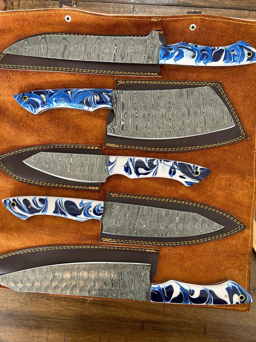 5pc Damascus Steel Chef Knife Set Hammered Blade Resin Handle Leather Roll - 7