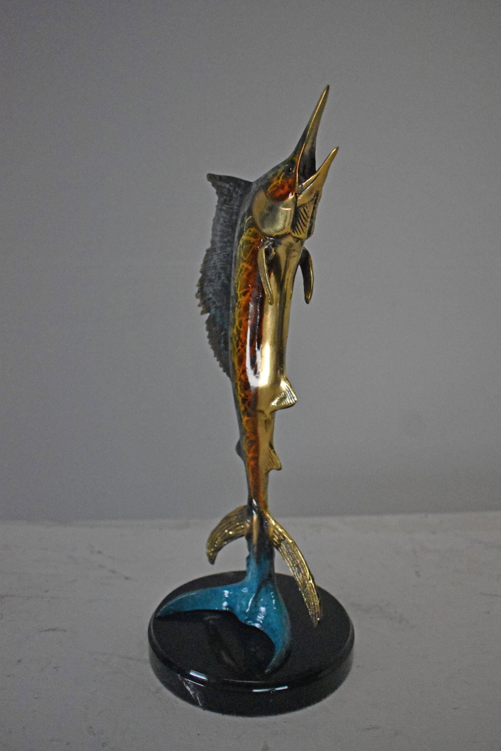 Single Sailfish Bronze Statue Mounted on Round Marble - Size: 6"L x 6"W x 15"H. - 4