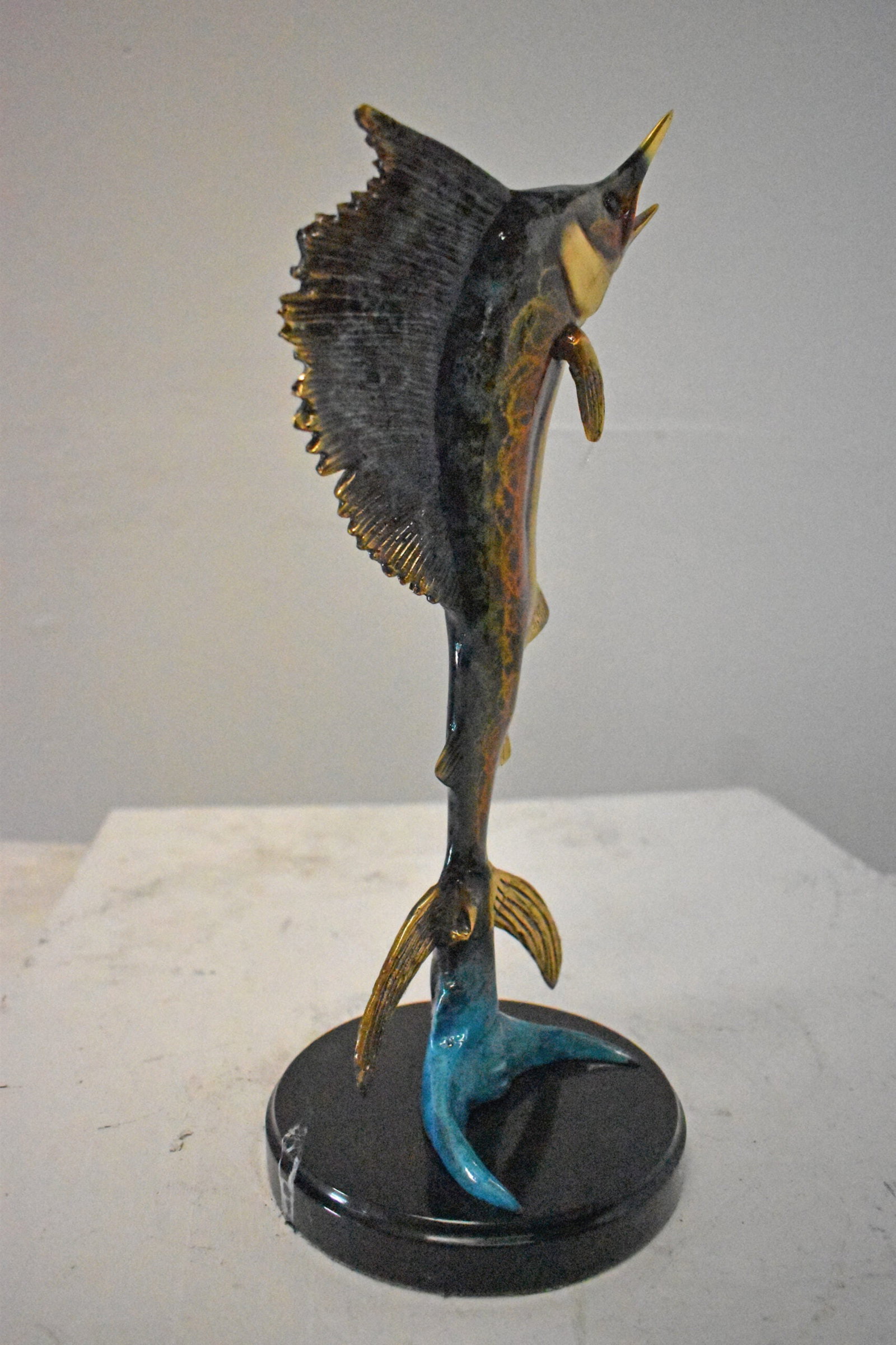 Single Sailfish Bronze Statue Mounted on Round Marble - Size: 6"L x 6"W x 15"H. - 8