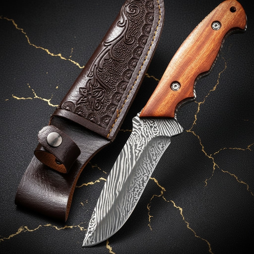 9" High Carbon Steel Damascus Pattern Blade Fixed Knife Rosewood Handle: Title:9" High Carbon Steel Damascus Pattern Blade Fixed Knife Rosewood Handle Description:This hand-forged Damascus pattern knife is designed for hunting, fishing, and survival applications. The knife