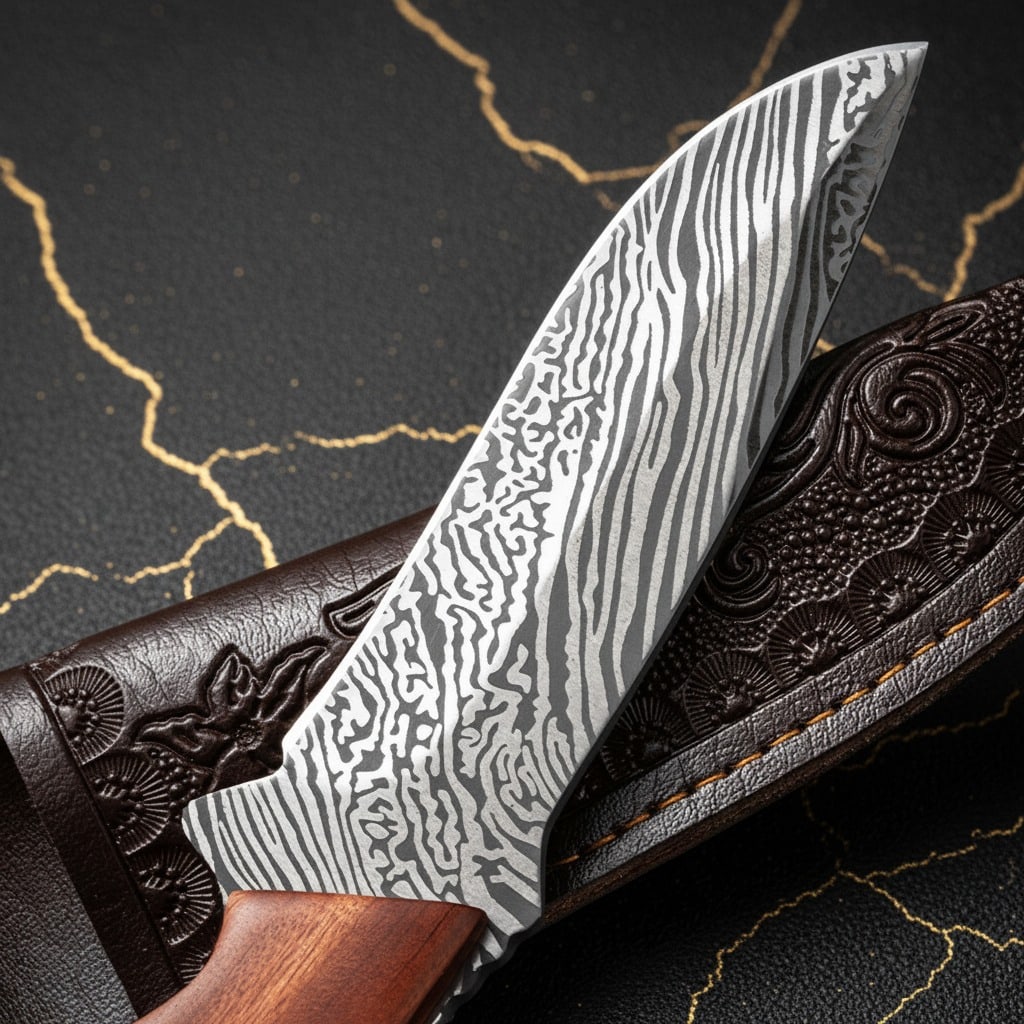 9" High Carbon Steel Damascus Pattern Blade Fixed Knife Rosewood Handle - 2