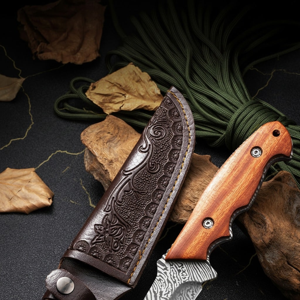 9" High Carbon Steel Damascus Pattern Blade Fixed Knife Rosewood Handle - 3