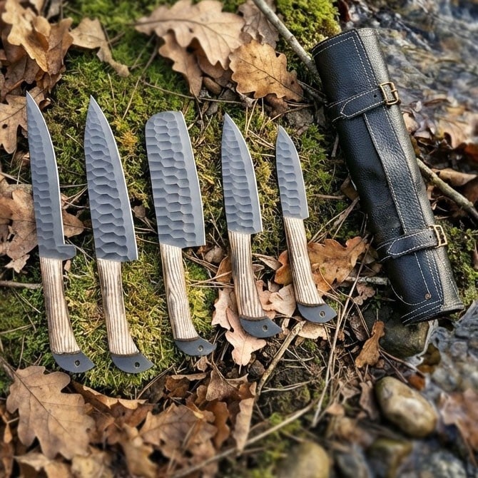5pc Hand-Forged Carbon Steel Culinary Knife Set for Kitchen and BBQ Use - 7