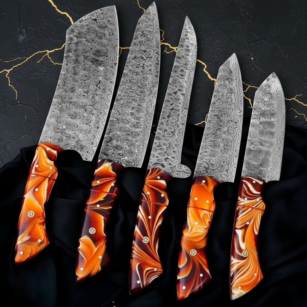 5pc Hand-Forged Damascus Steel Chef Knife Set Hammered Blade w/ Leather Roll - 3