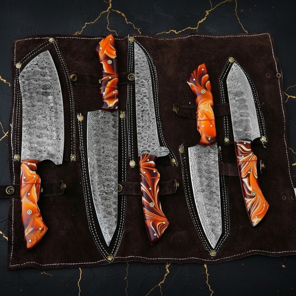 5pc Hand-Forged Damascus Steel Chef Knife Set Hammered Blade w/ Leather Roll - 4