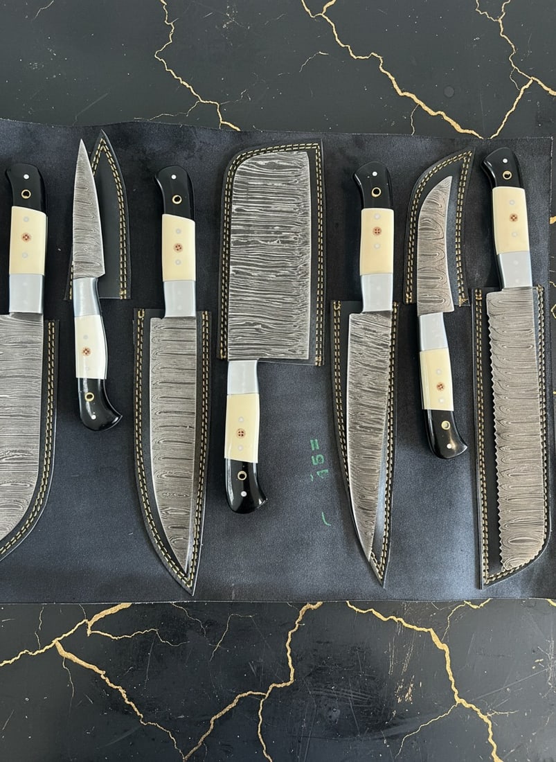 7pc Damascus Kitchen Knife Set Handmade Bone Handle w/ Leather Roll Case - 3