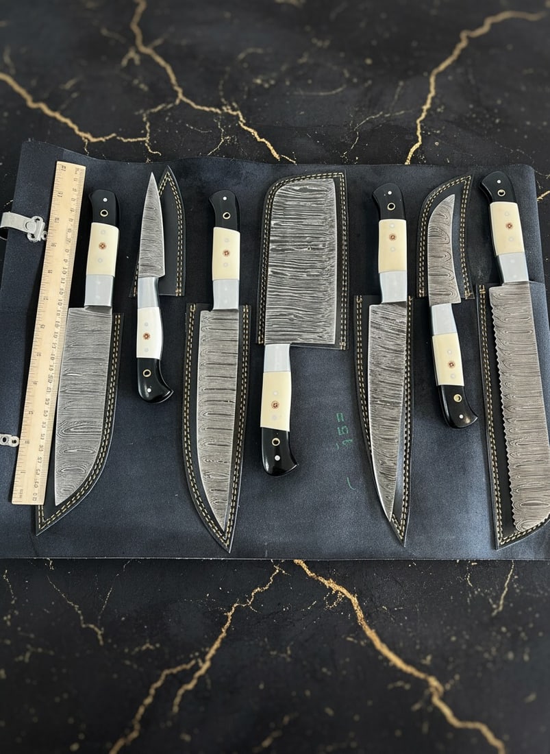 7pc Damascus Kitchen Knife Set Handmade Bone Handle w/ Leather Roll Case - 4