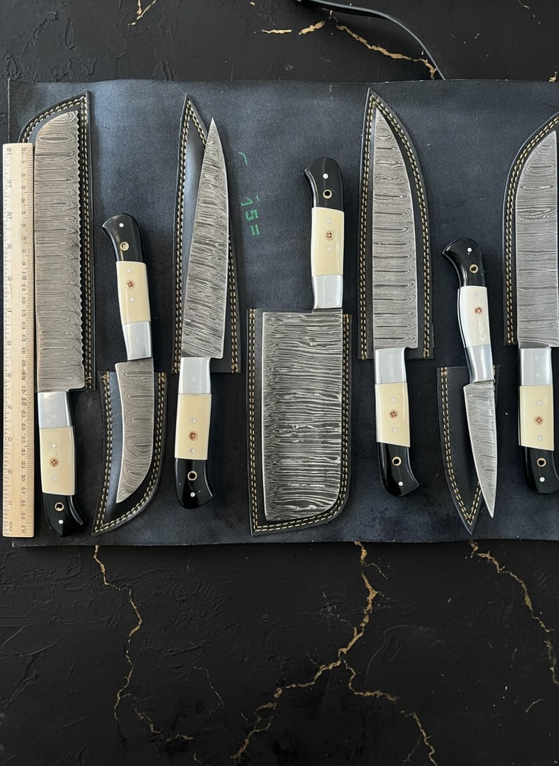7pc Damascus Kitchen Knife Set Handmade Bone Handle w/ Leather Roll Case - 5