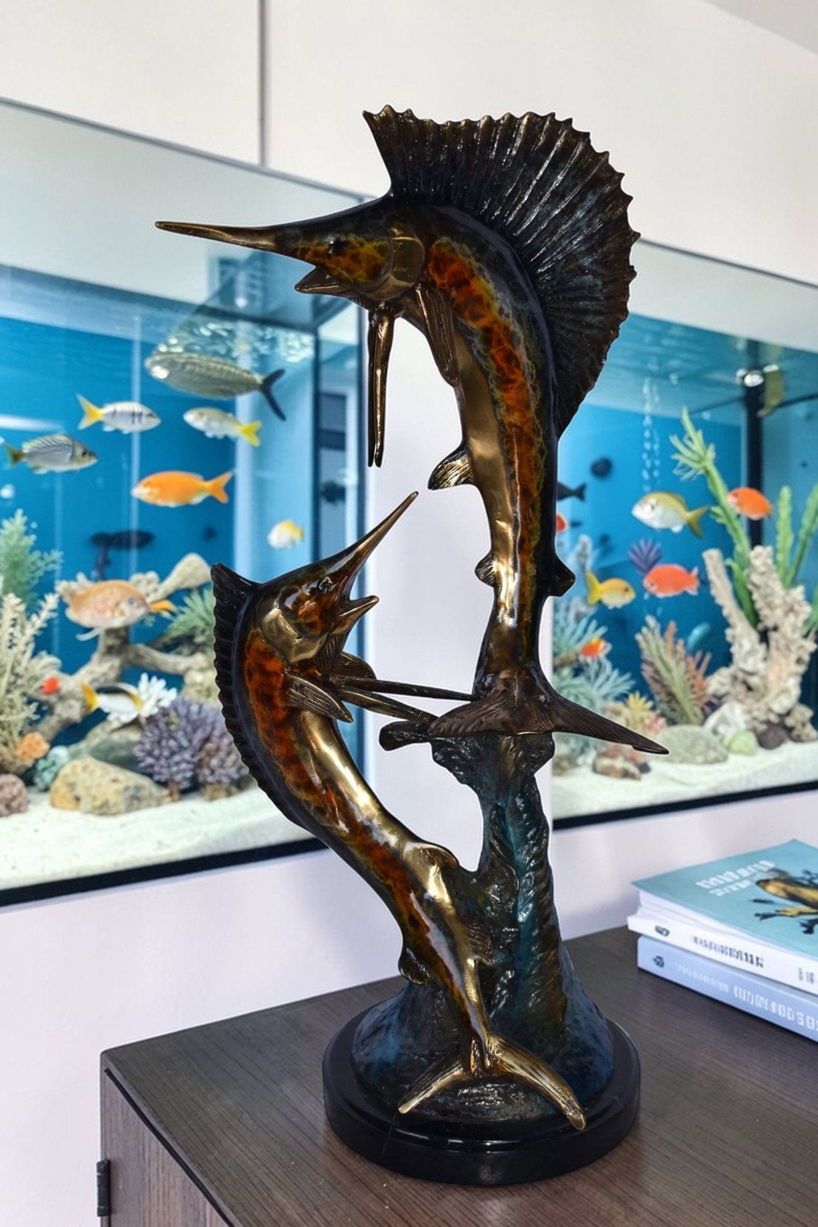 Two Swordfish Swimming in The Ocean Bronze Statue - Size: 11"L x 10"W x 22"H. - 2