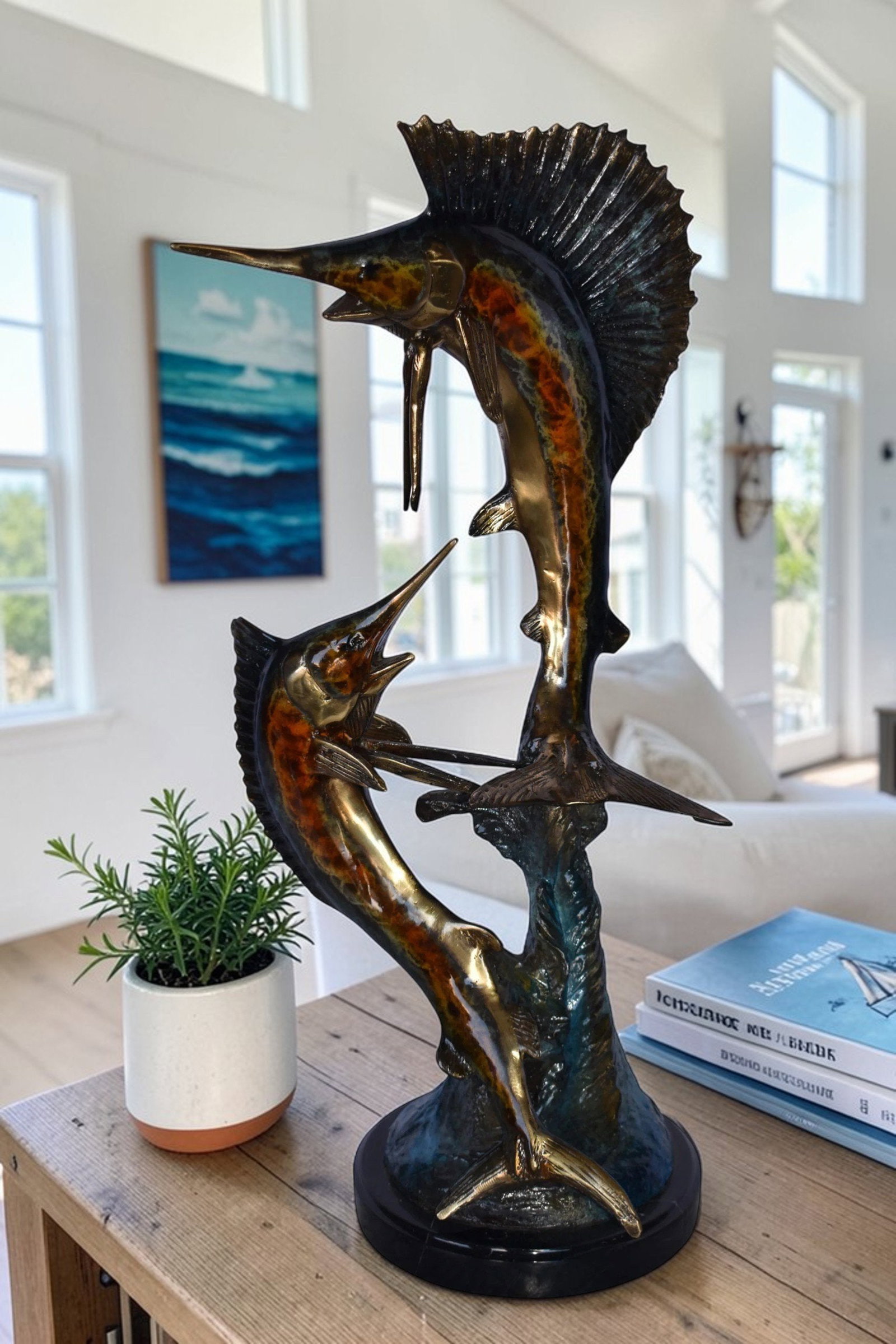 Two Swordfish Swimming in The Ocean Bronze Statue - Size: 11"L x 10"W x 22"H. - 3