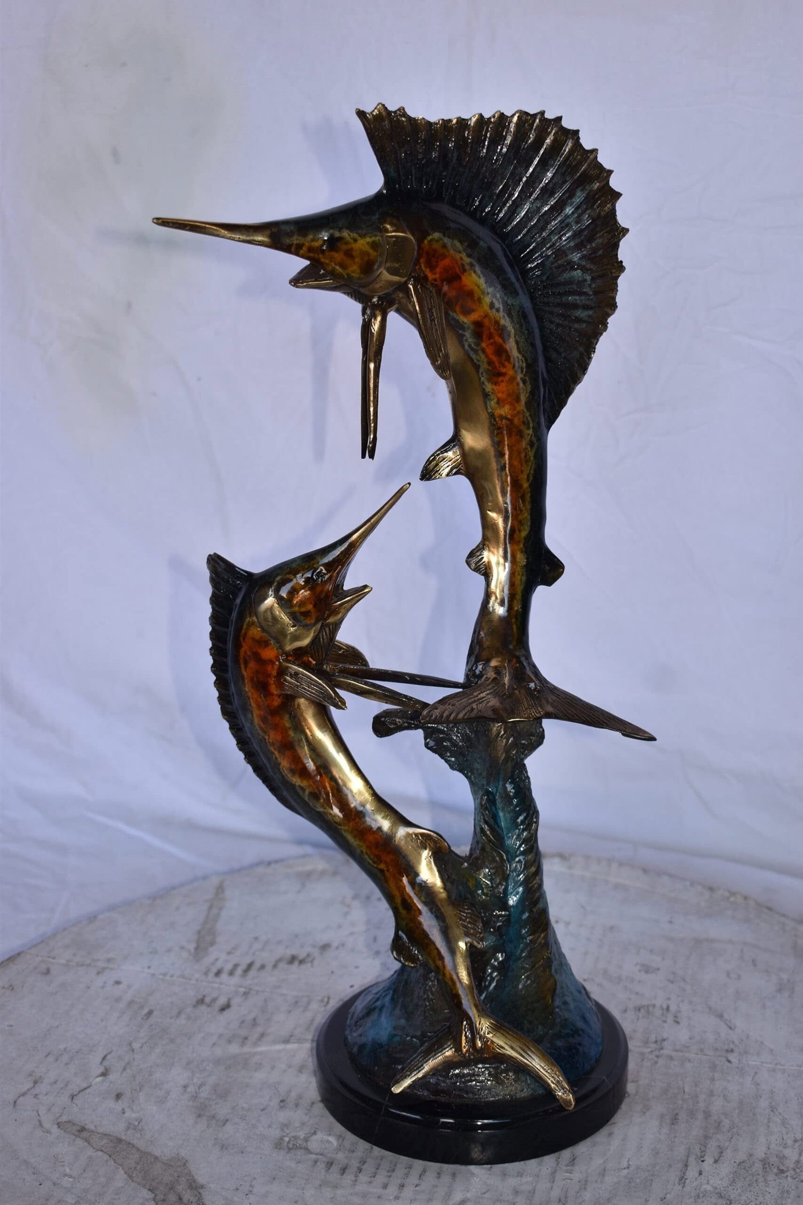 Two Swordfish Swimming in The Ocean Bronze Statue - Size: 11"L x 10"W x 22"H. - 4