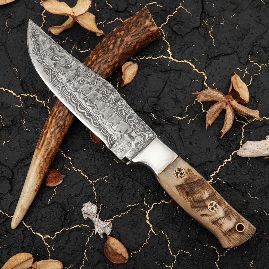 Handcrafted Damascus Steel Hunting Knife Ram Horn Handle Mosaic Pin Sheath - 3