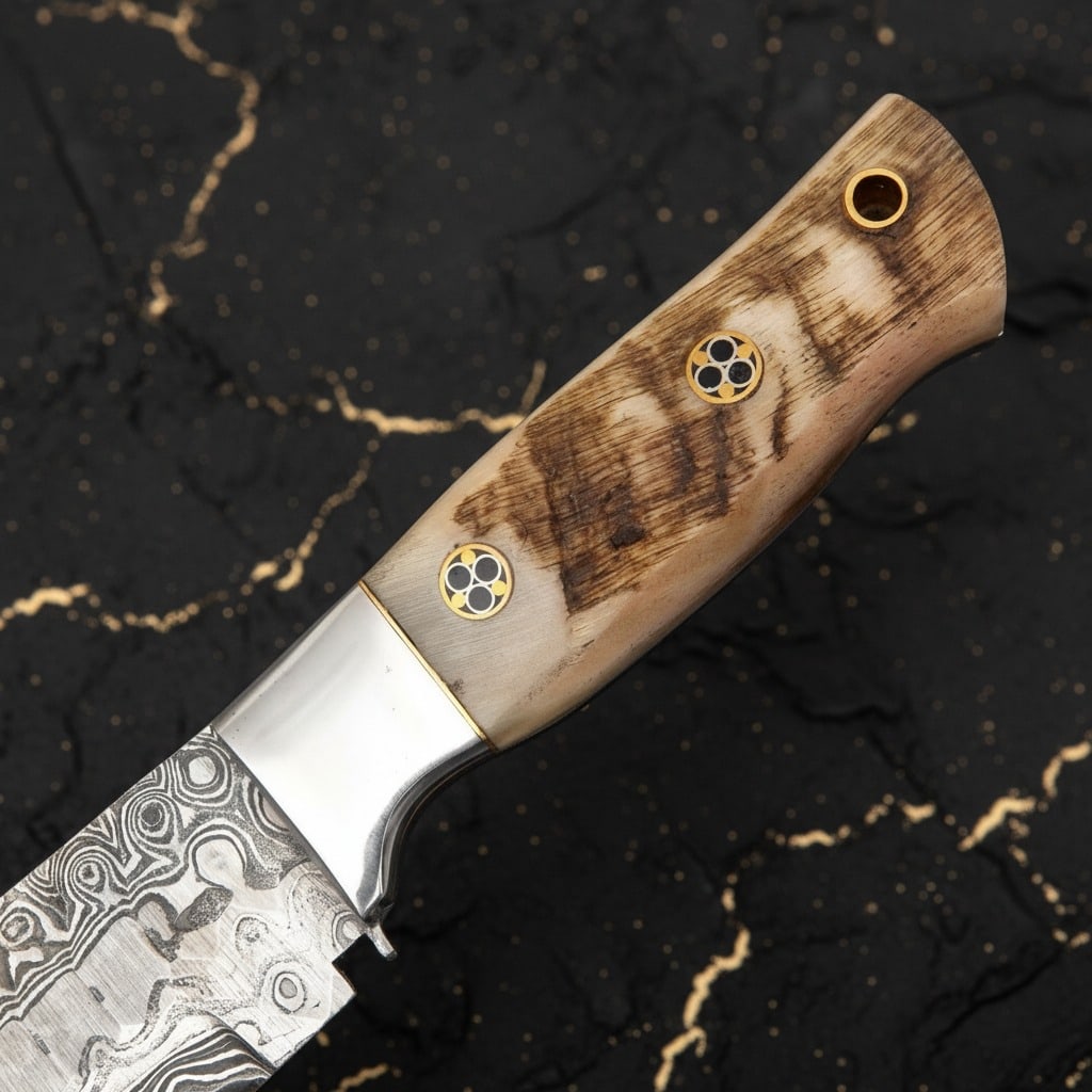 Handcrafted Damascus Steel Hunting Knife Ram Horn Handle Mosaic Pin Sheath - 4