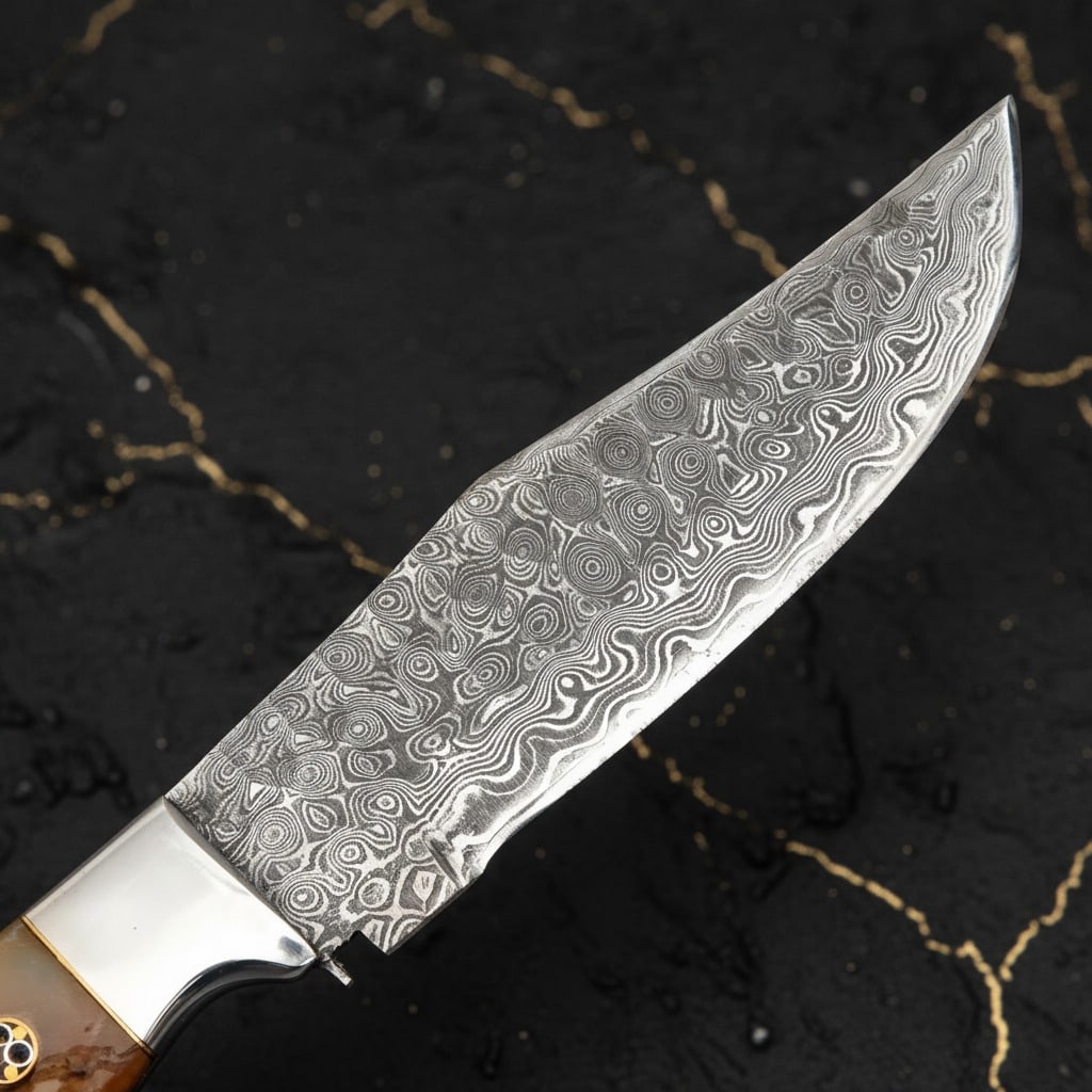 Handcrafted Damascus Steel Hunting Knife Ram Horn Handle Mosaic Pin Sheath - 5