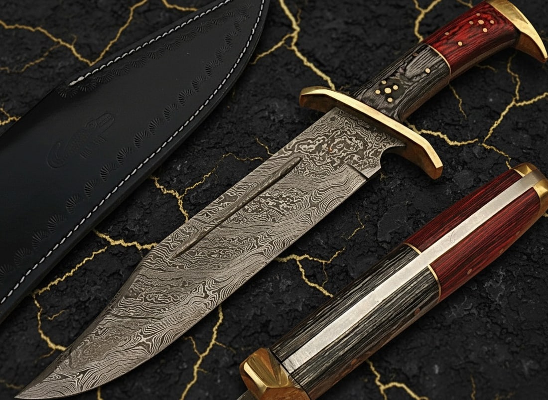 Damascus Steel Bowie Knife Fixed Blade Hunting Tool Frost Wood Handle 10" - 2