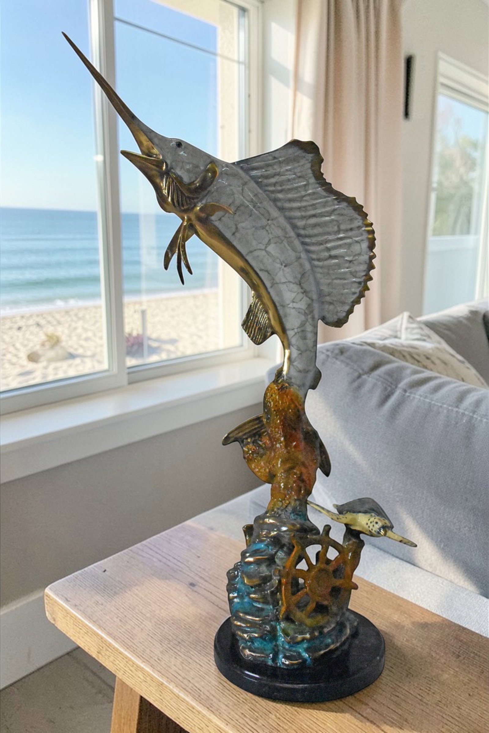 Sailfish and Turtle Bronze Statue on Marble Base – Lost Wax Marine Life Sculpture with Patina - 2