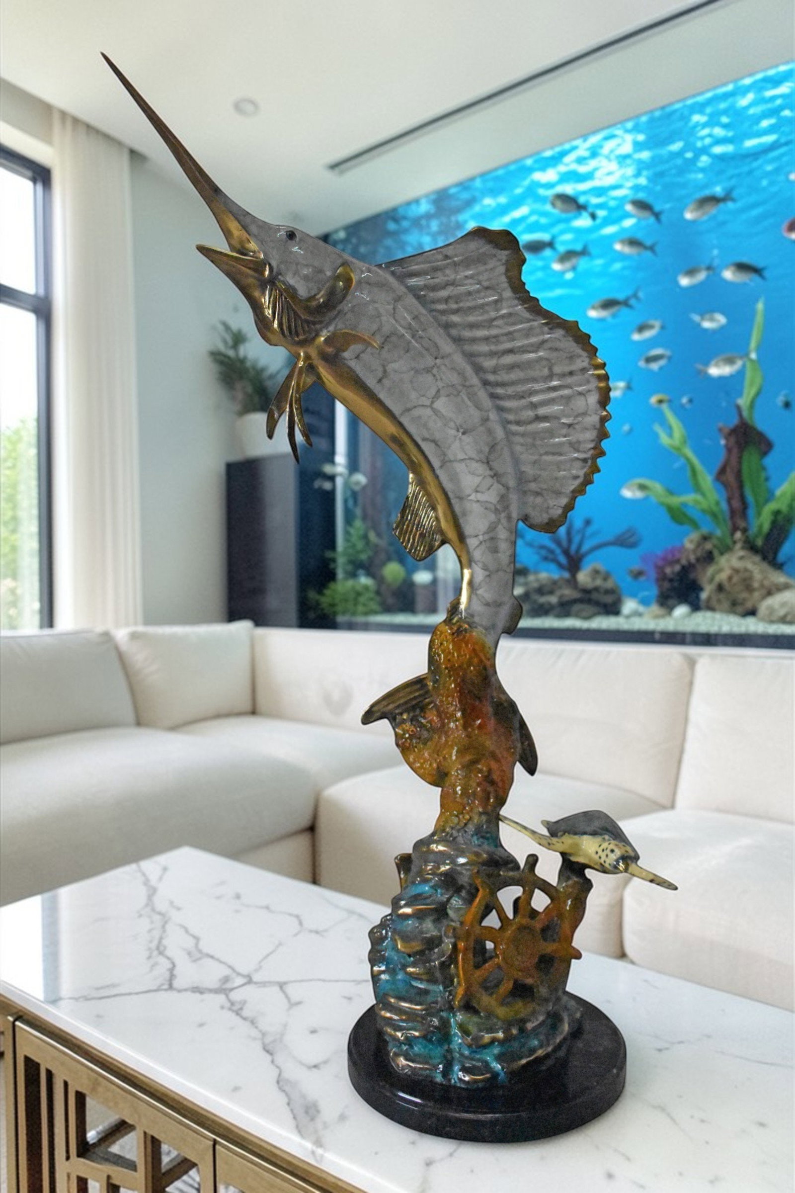 Sailfish and Turtle Bronze Statue on Marble Base – Lost Wax Marine Life Sculpture with Patina - 3
