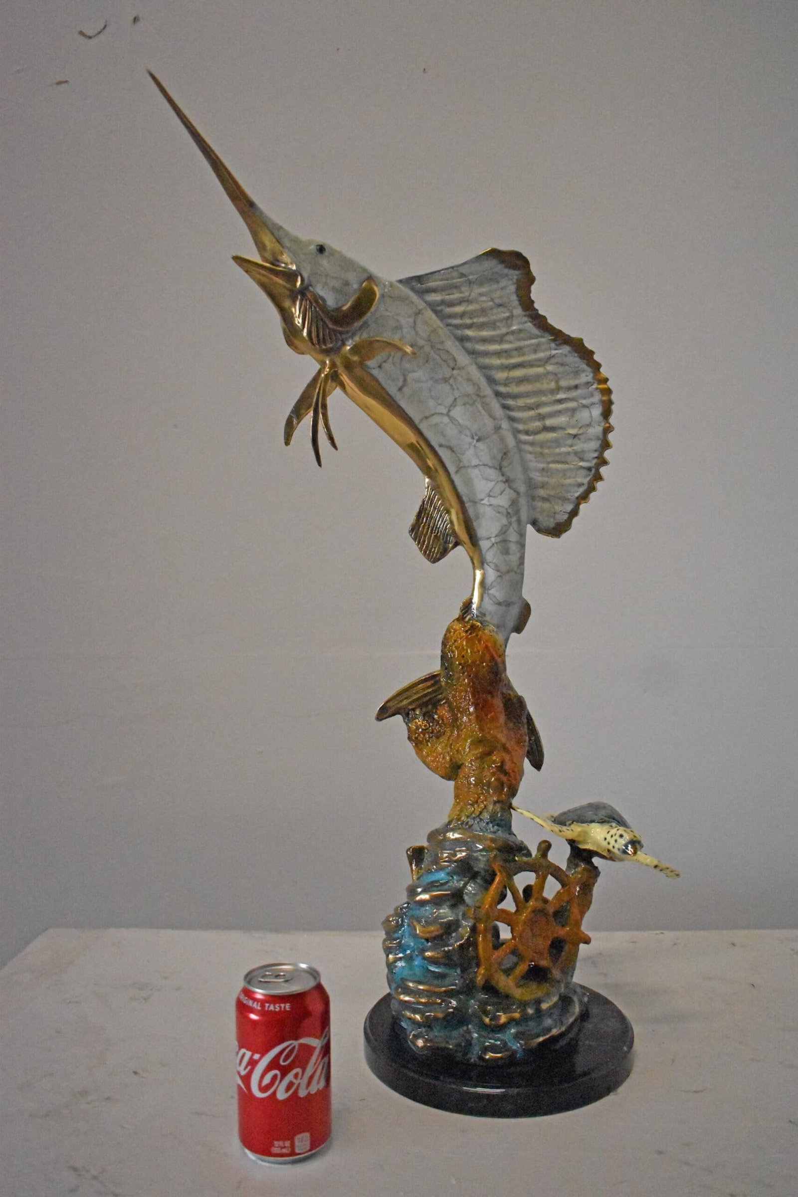 Sailfish and Turtle Bronze Statue on Marble Base – Lost Wax Marine Life Sculpture with Patina - 4