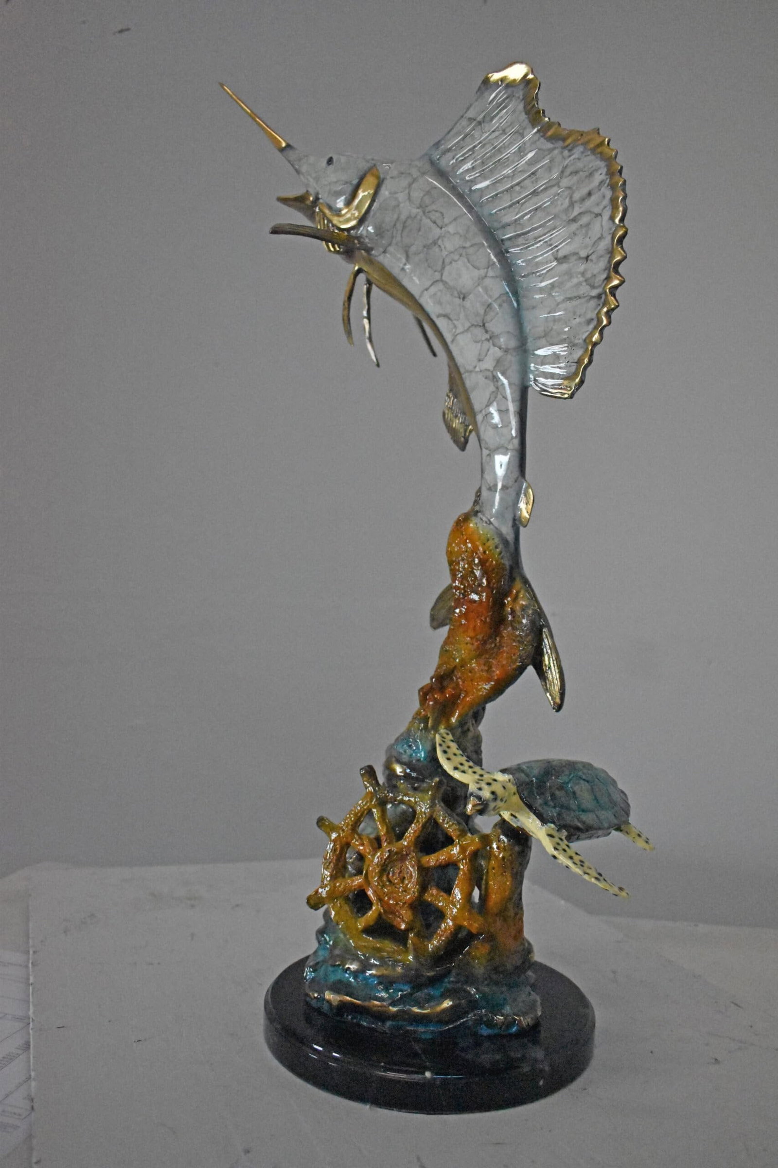 Sailfish and Turtle Bronze Statue on Marble Base – Lost Wax Marine Life Sculpture with Patina - 7