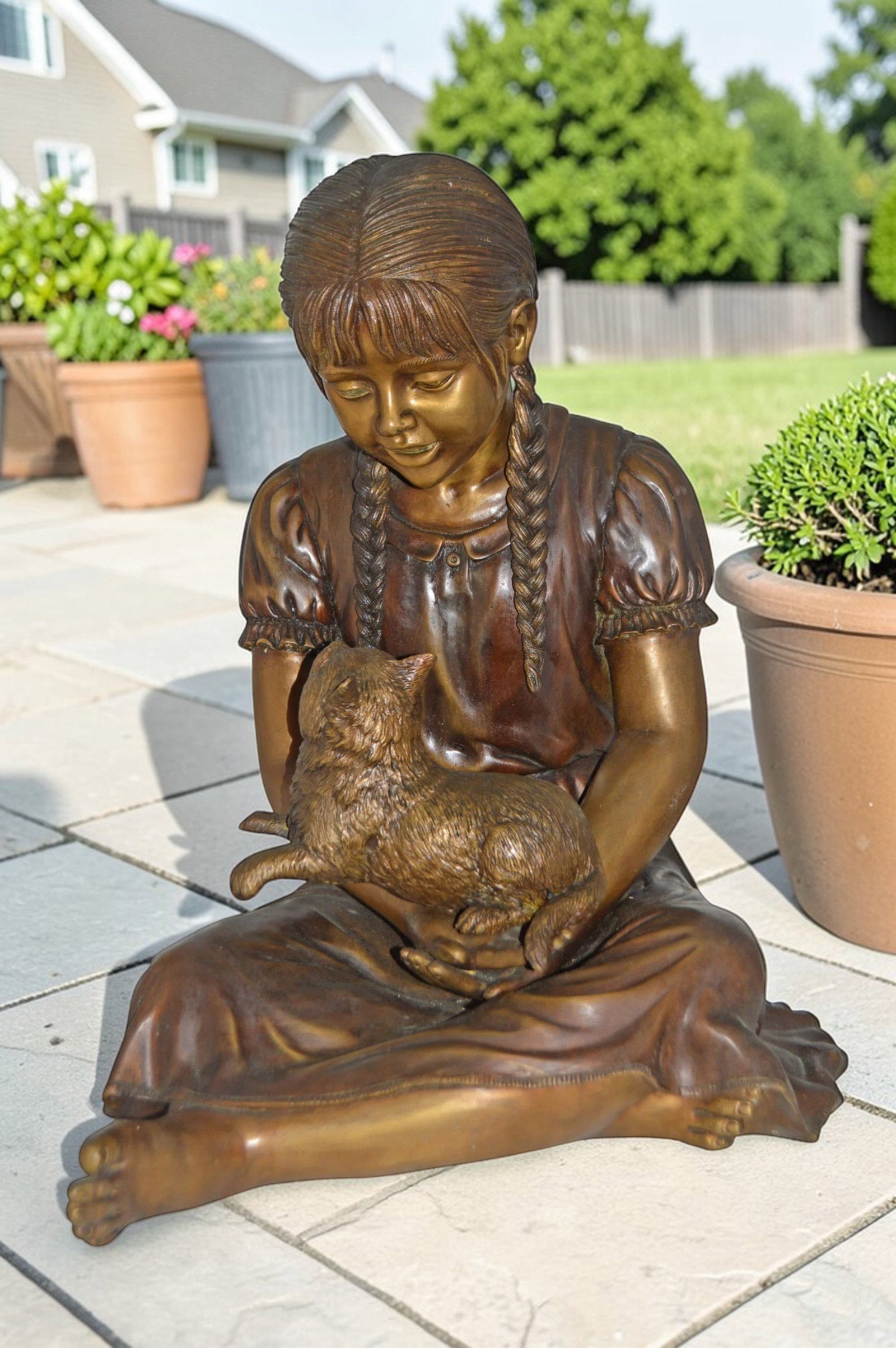 Girl Holding Her Cat Life Size Bronze Statue - Size: 23"L x 20"W x 24"H. - 3