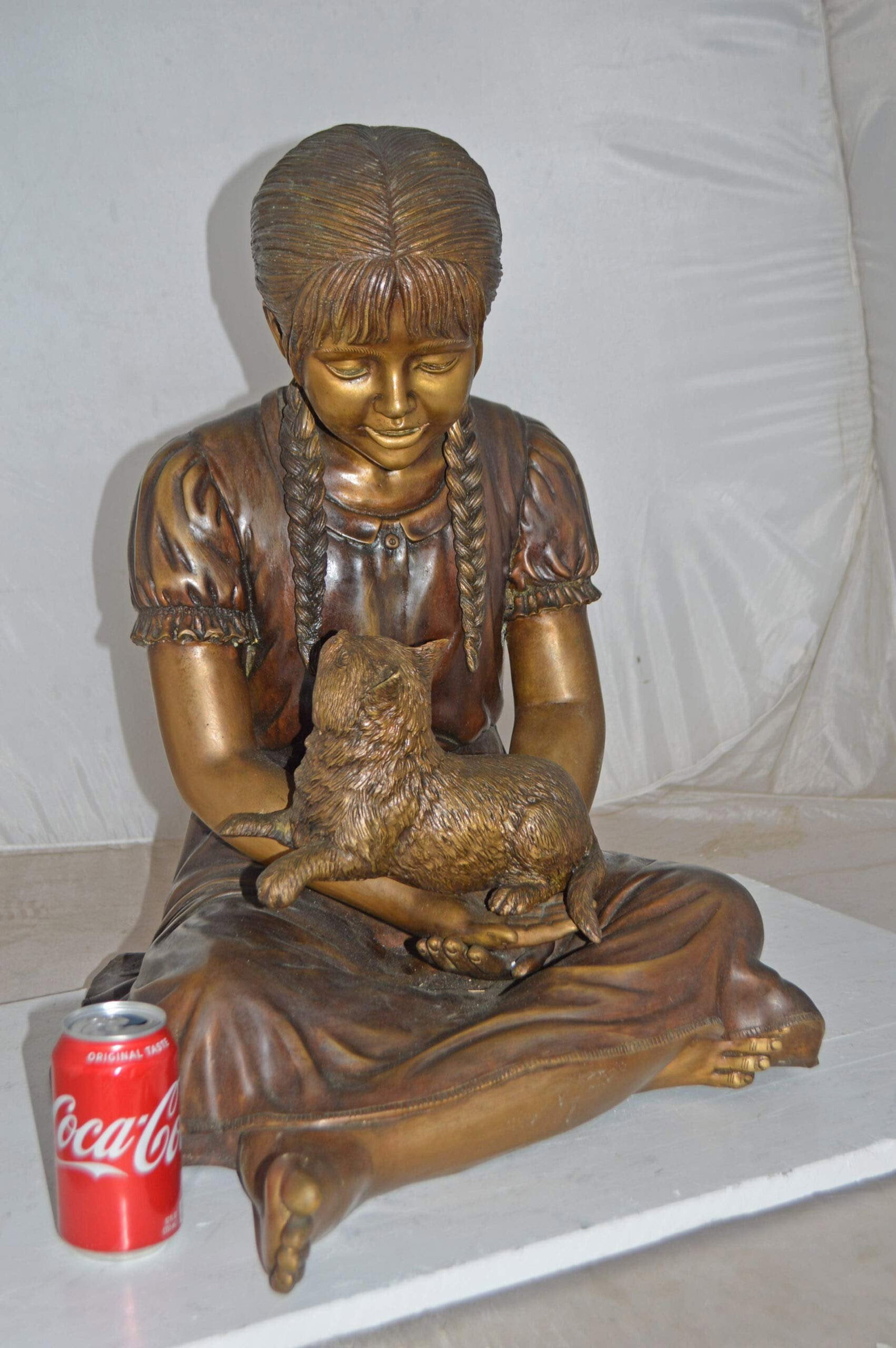 Girl Holding Her Cat Life Size Bronze Statue - Size: 23"L x 20"W x 24"H. - 4