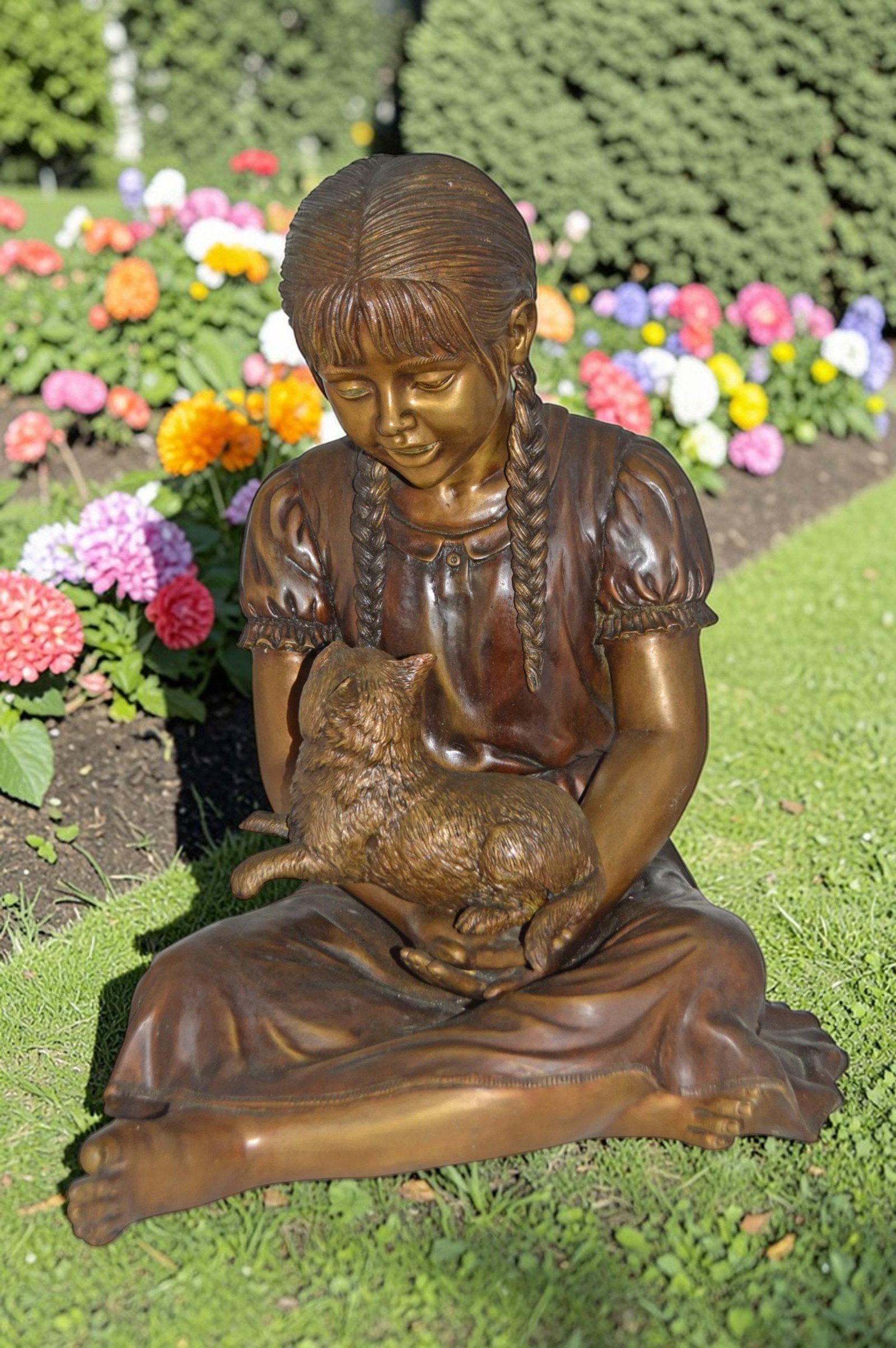 Girl Holding Her Cat Life Size Bronze Statue - Size: 23"L x 20"W x 24"H. - 5